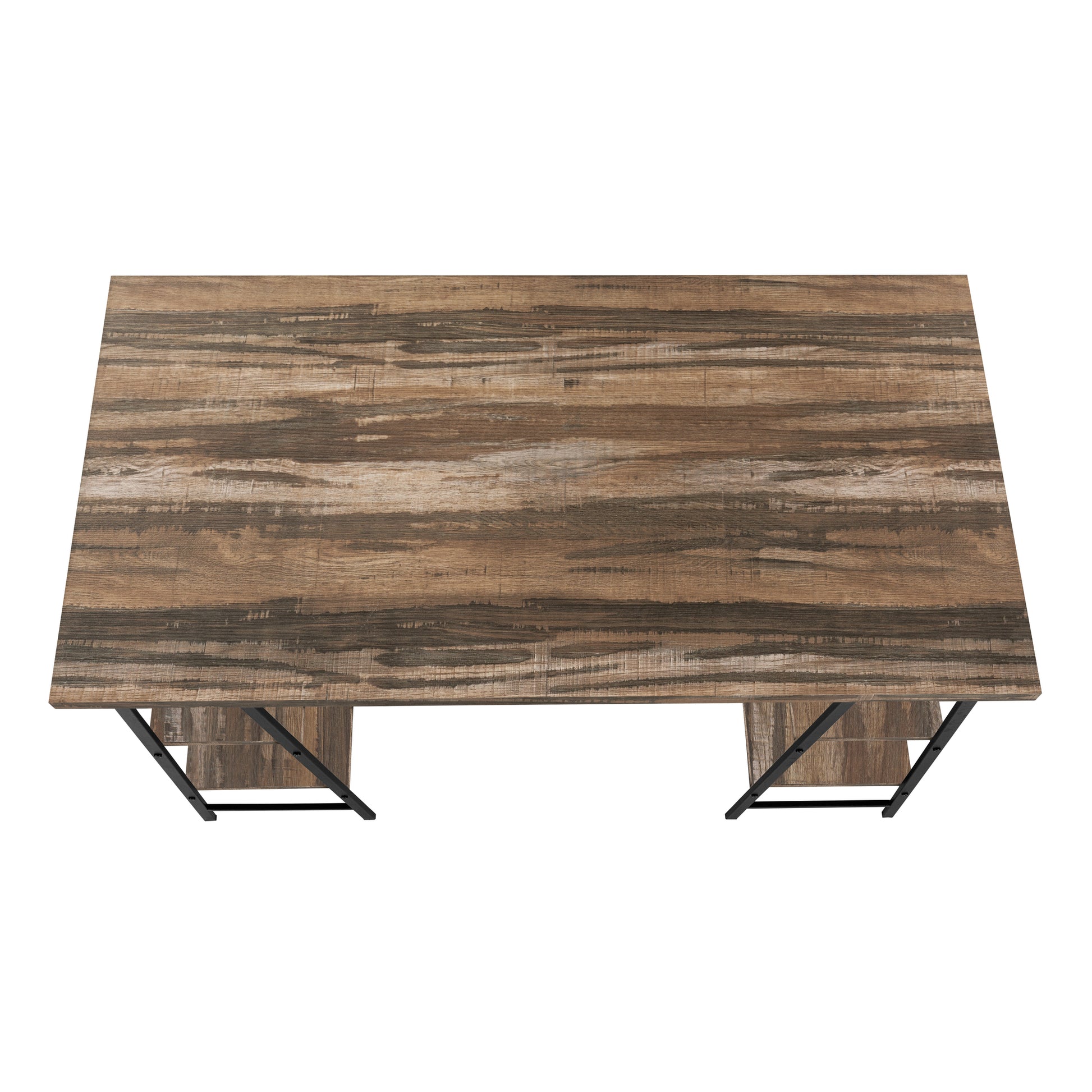 Rustic brown wood grain desk with black metal legs spacious work surface
