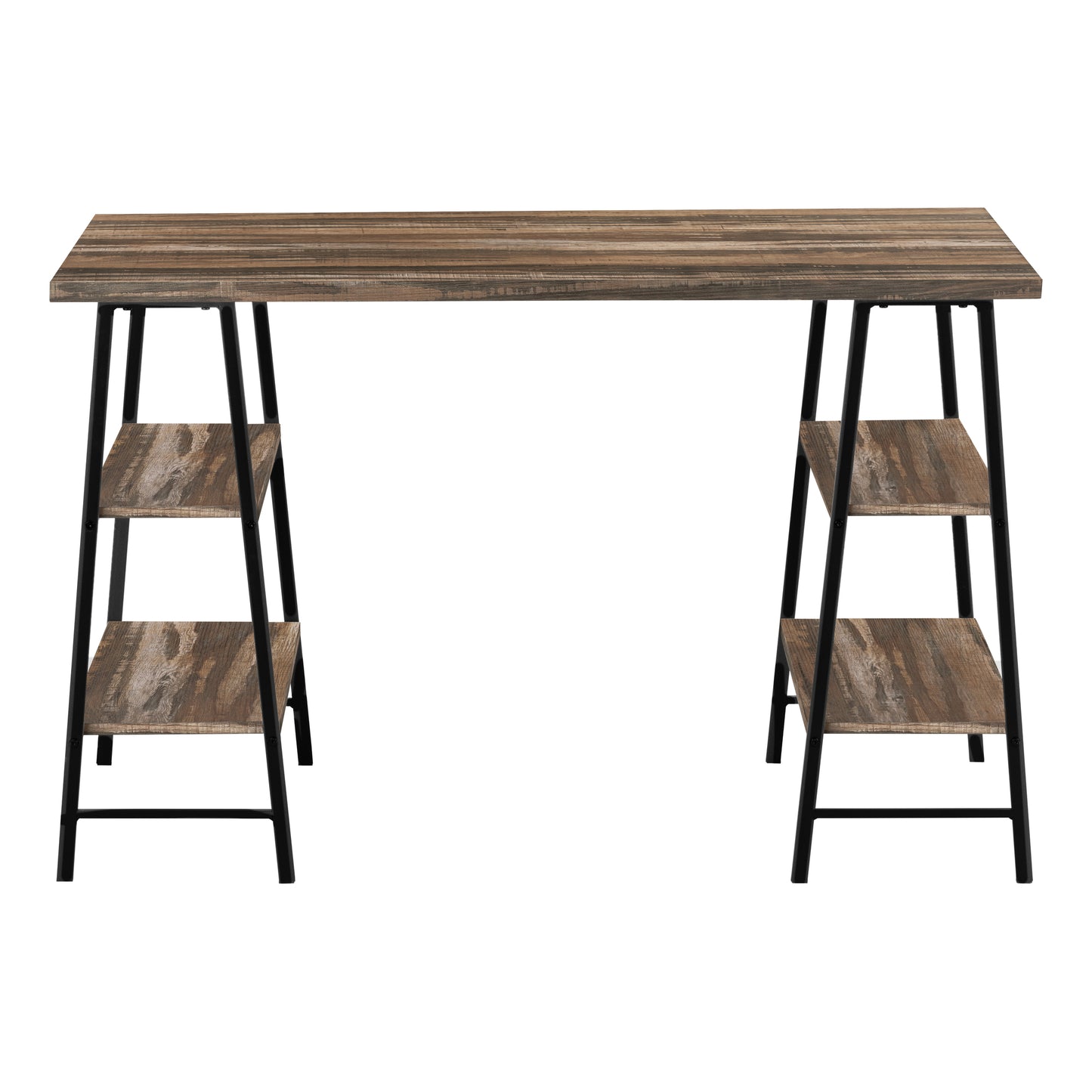 Rustic wood grain computer desk with black metal frame and attached shelving