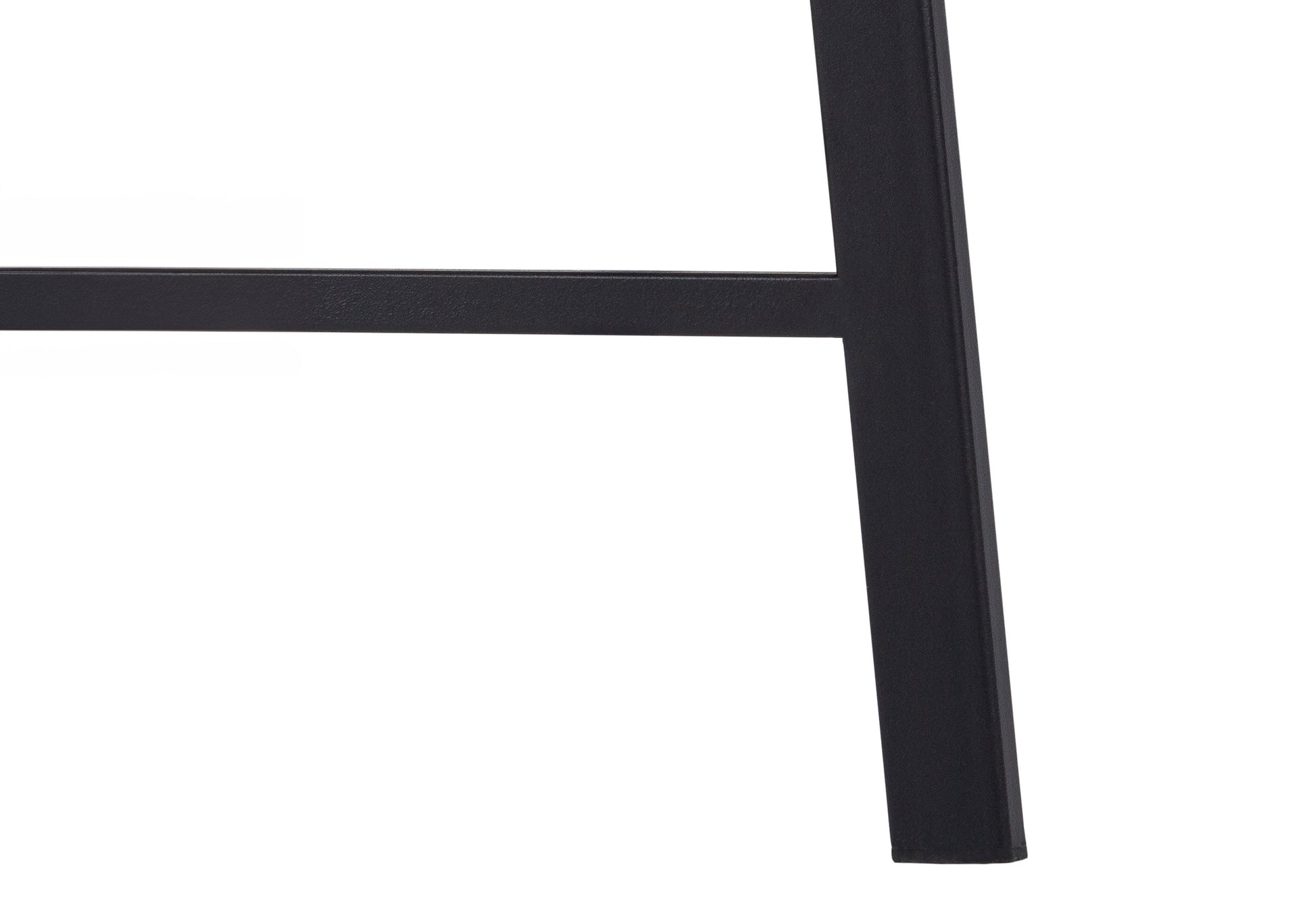 Closeup of black metal stool leg and support bar with textured finish