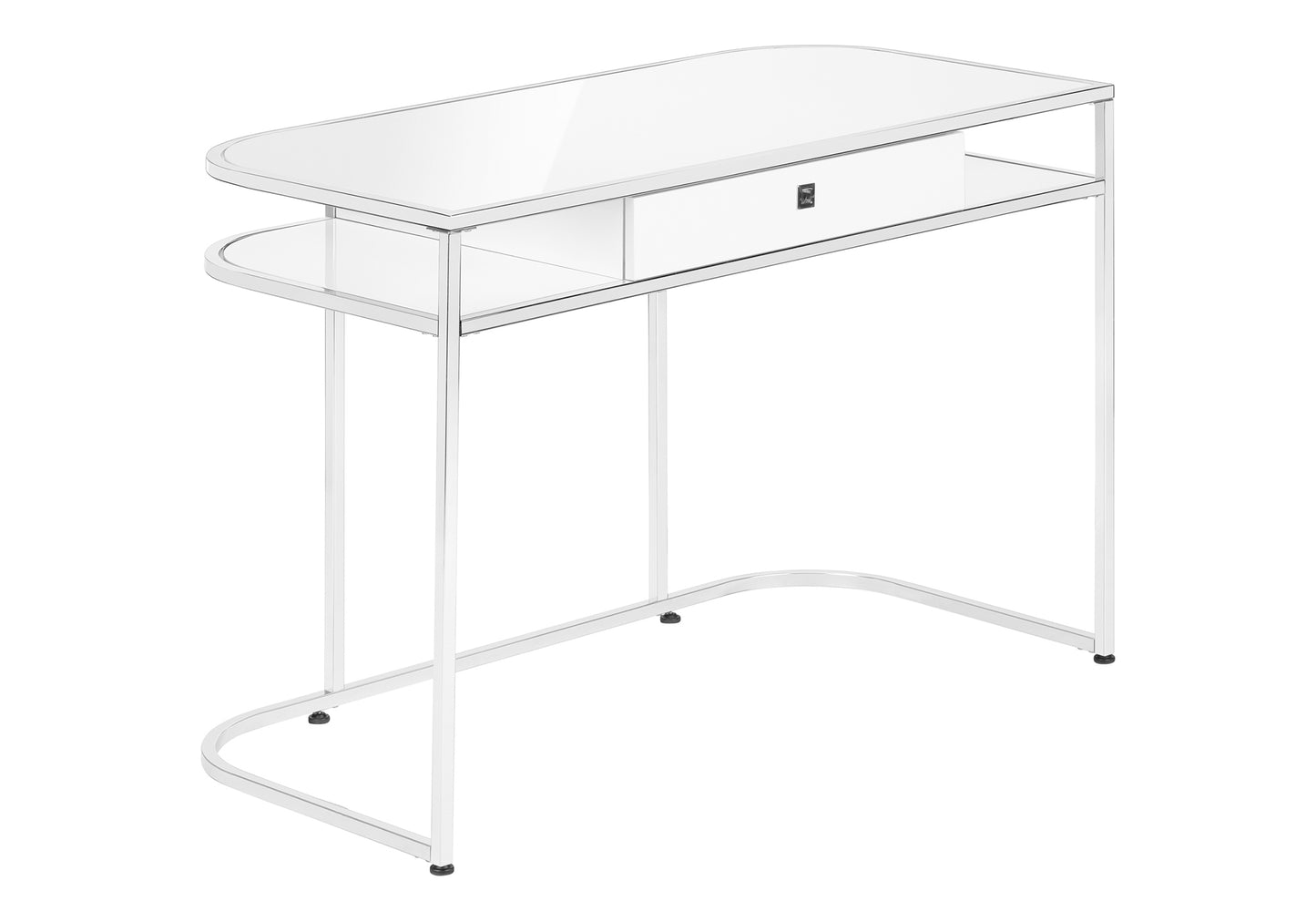 Sleek white console table with mirrored top one drawer and silver metal frame
