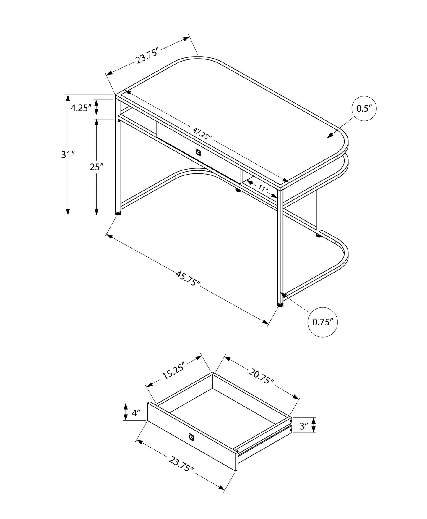 Technical drawing of a modern writing desk with dimensions