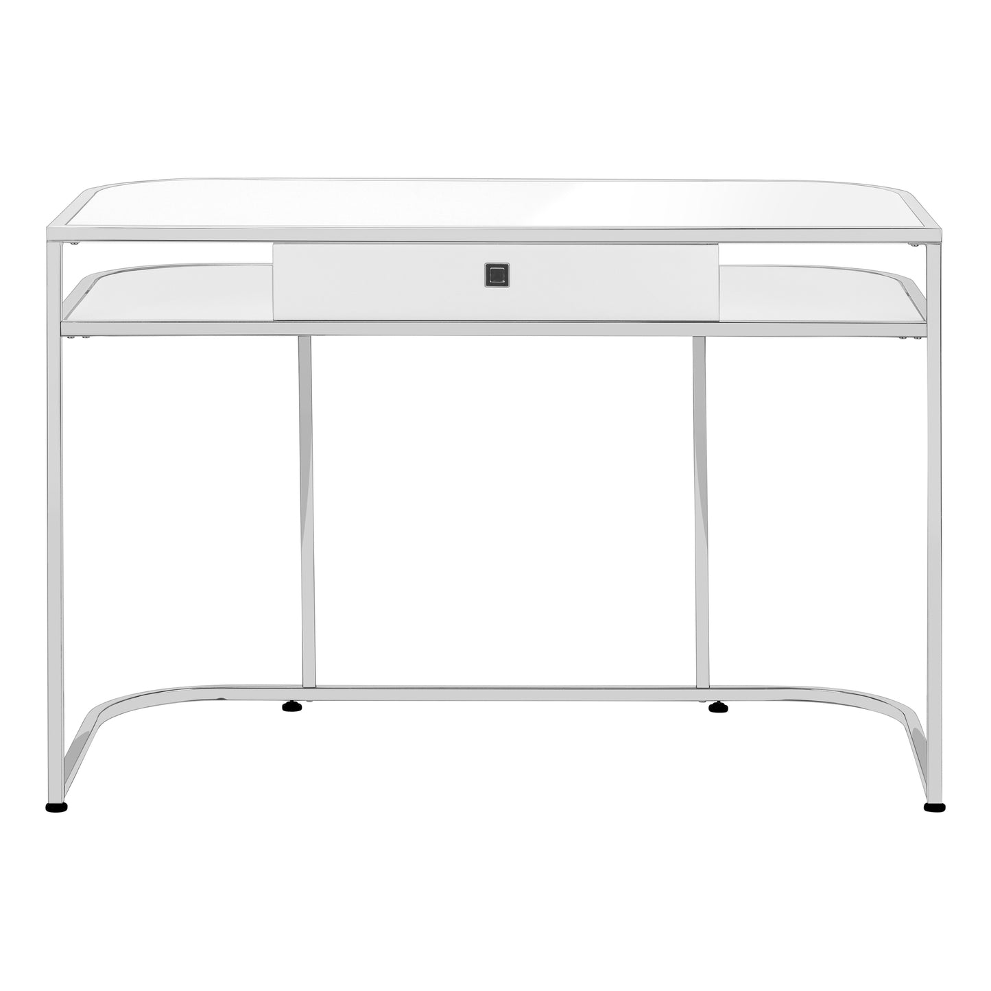 Modern white metal console table with glass top and single drawer