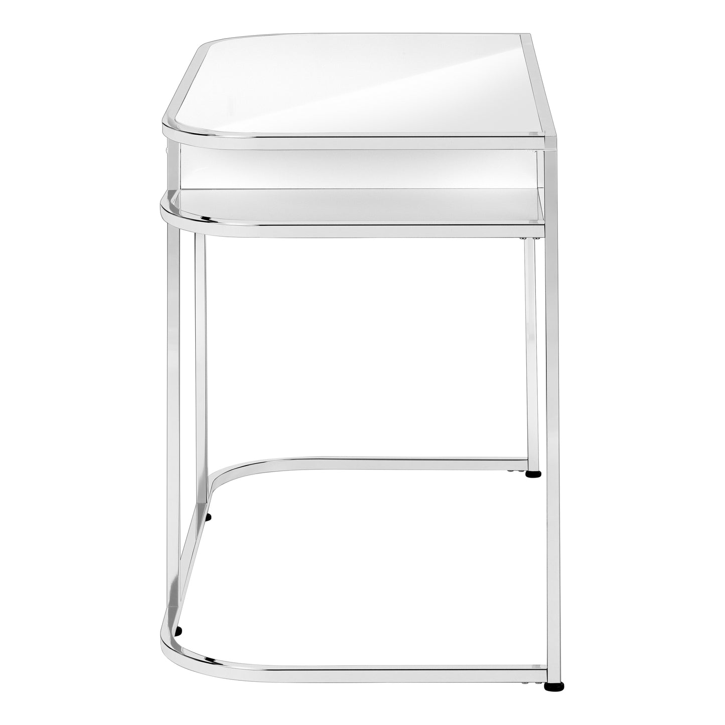 Sleek chrome console table with a glass top and shelf ideal for entryways