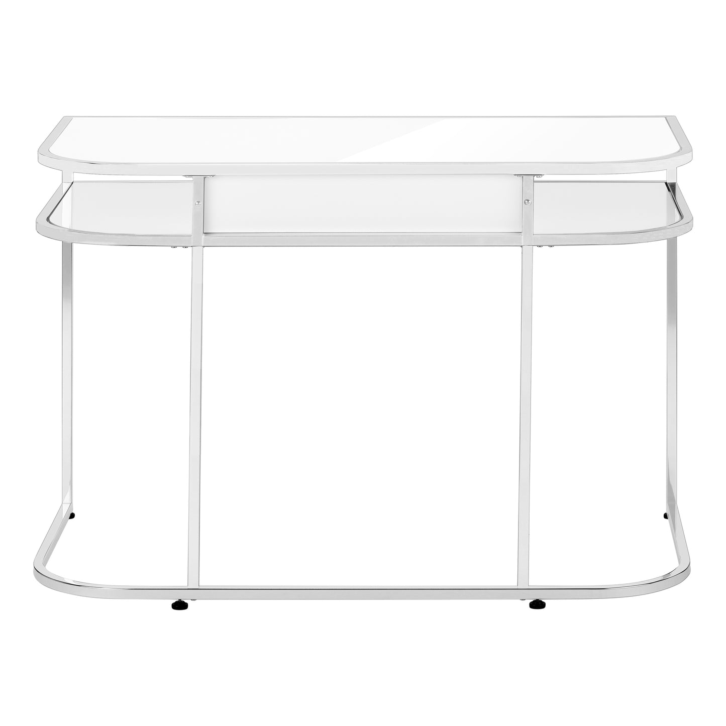 Modern chrome console table with clear glass top and shelf
