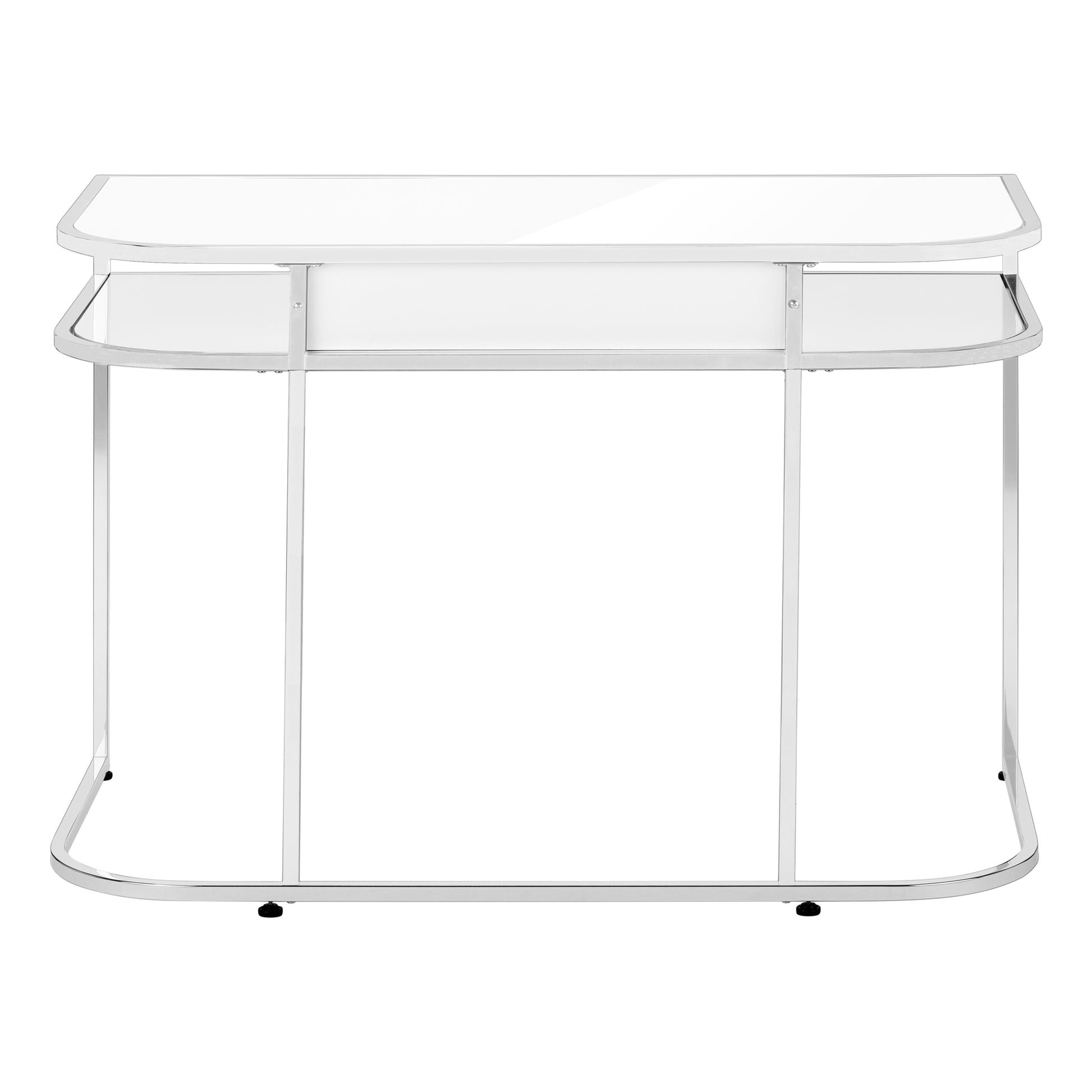 Modern chrome console table with clear glass top and shelf