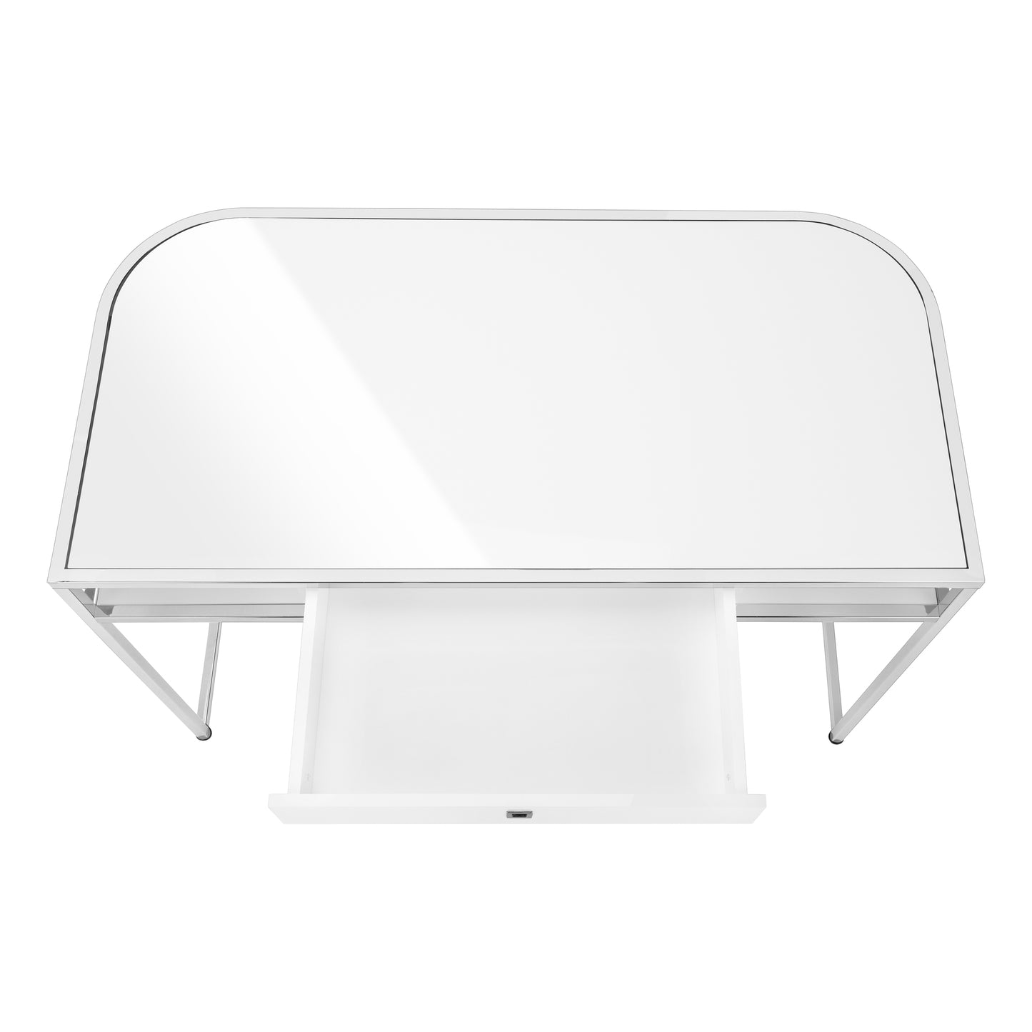 Modern white writing desk with open drawer and silver frame