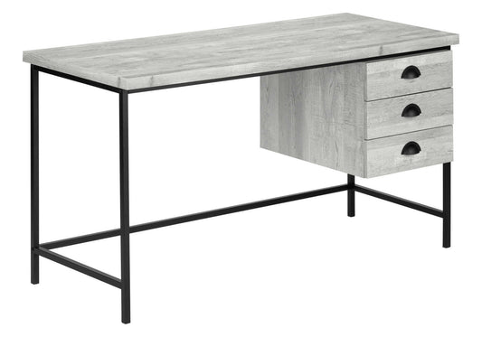 Modern grey wood writing desk with black metal frame and three drawers