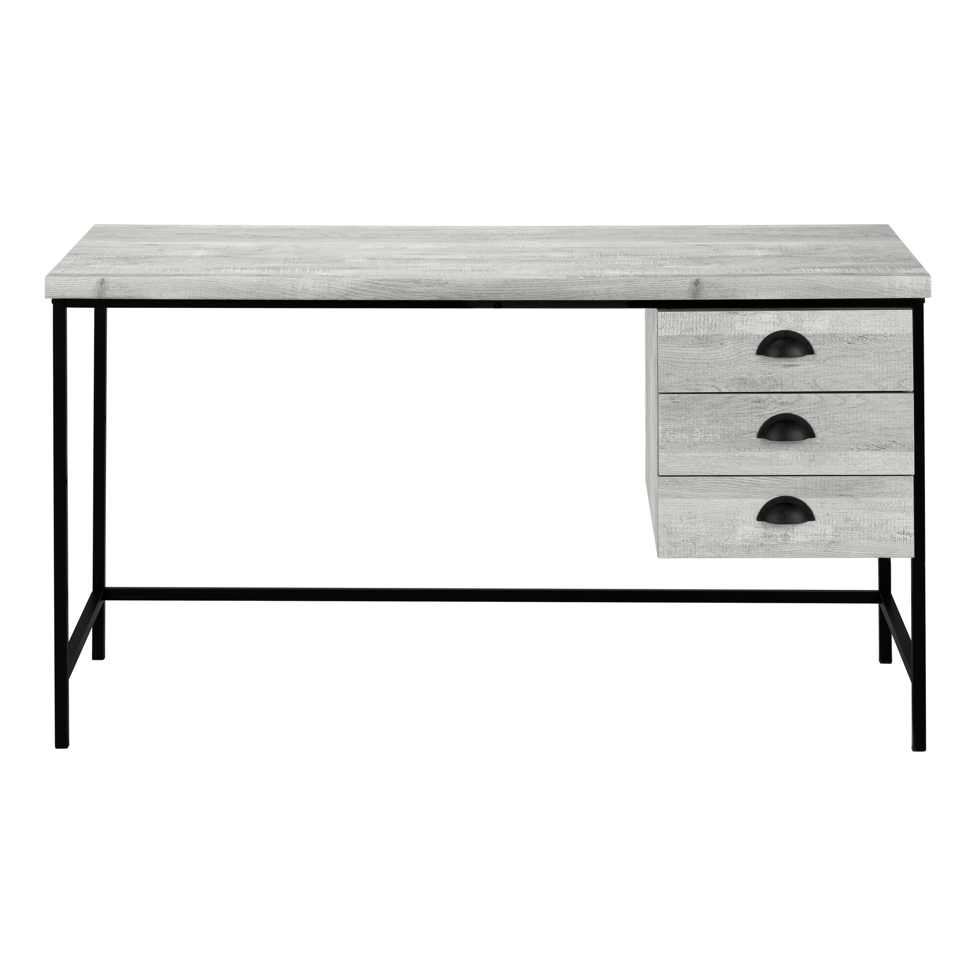 Light grey wood grain desk with three black drawer pulls and black metal legs