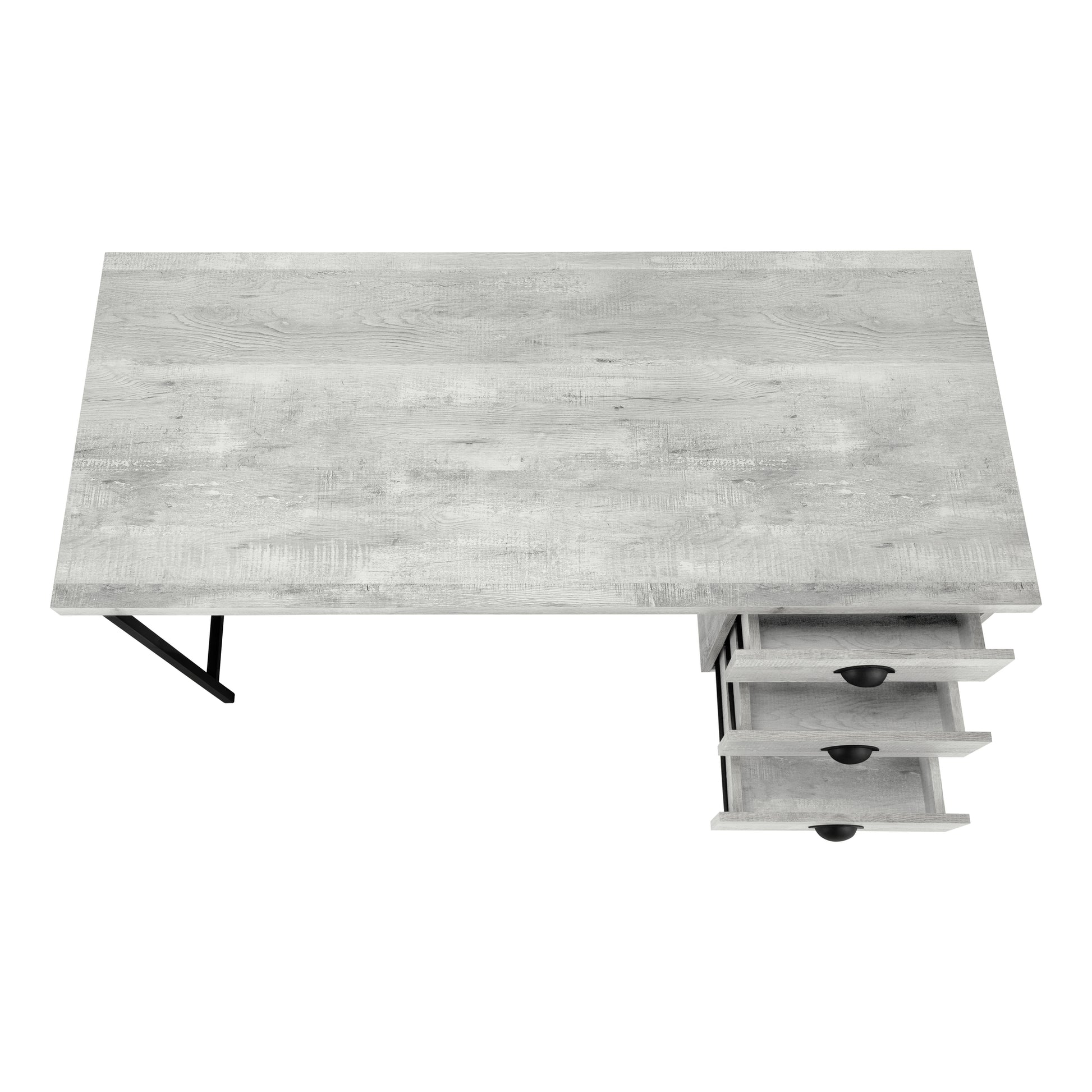 Grey wood grain desk with three open drawers and a black metal leg