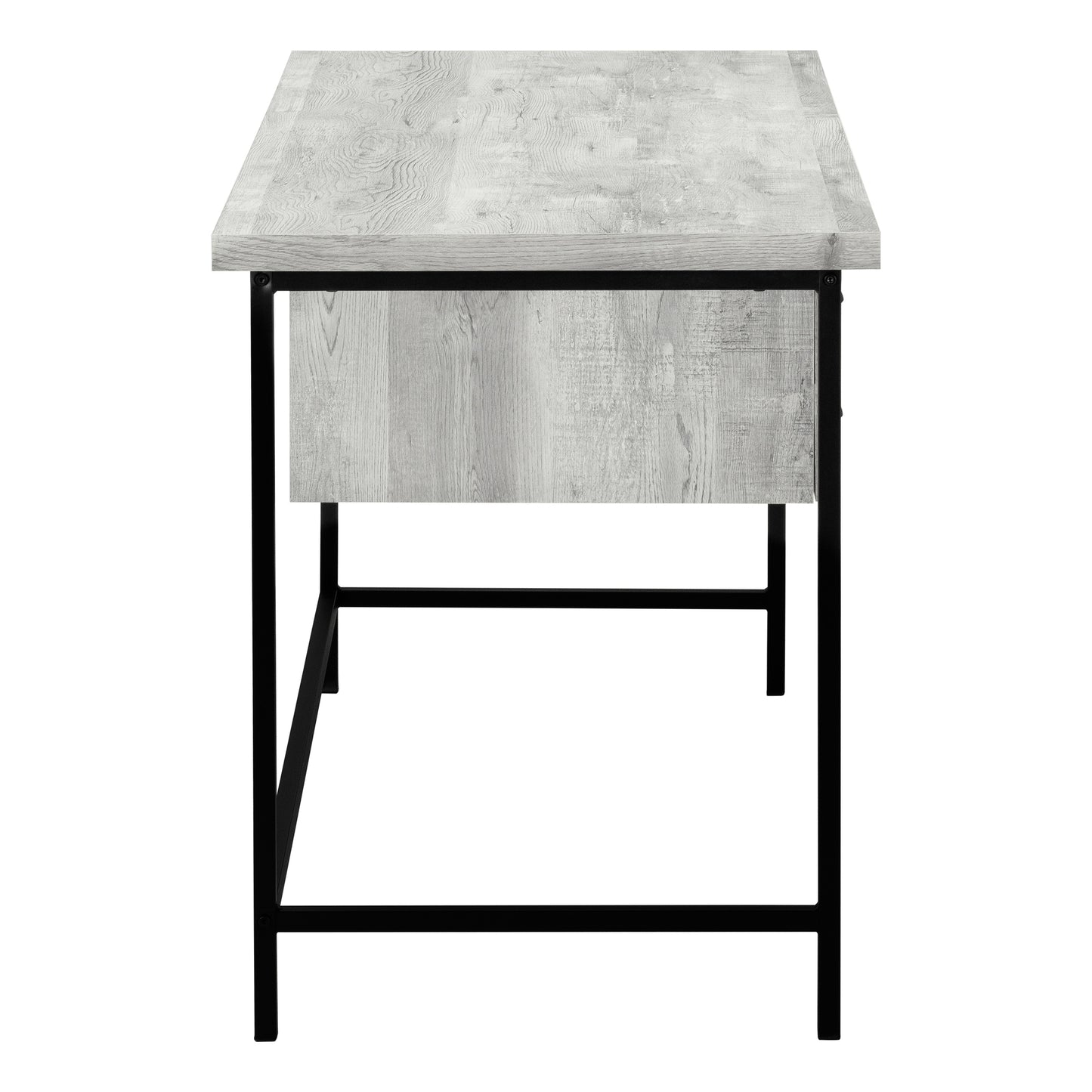 Rustic grey wood finish desk with black metal frame and drawer
