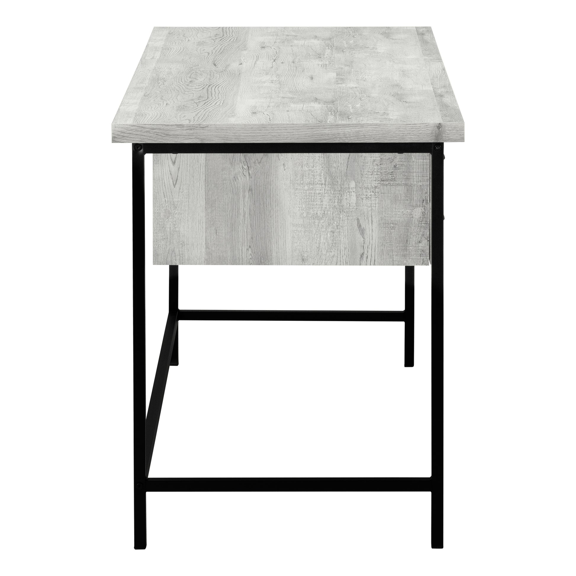 Rustic grey wood finish desk with black metal frame and drawer