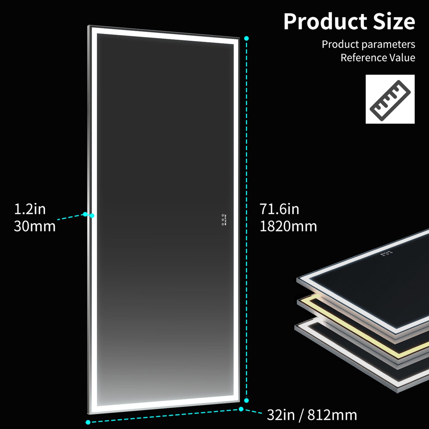 Rectangular LED mirror in tall in wide with illuminated border and product size dimensions