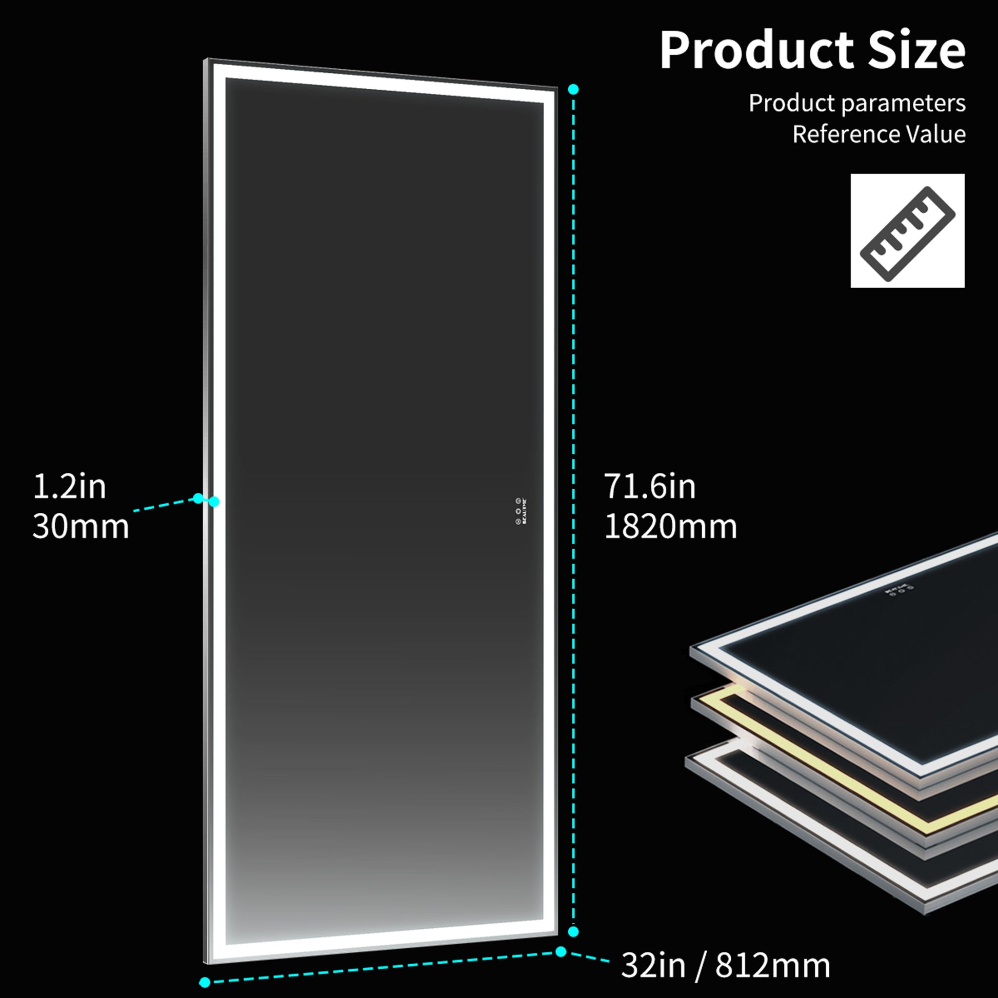 Rectangular LED mirror in tall in wide with illuminated border and product size dimensions
