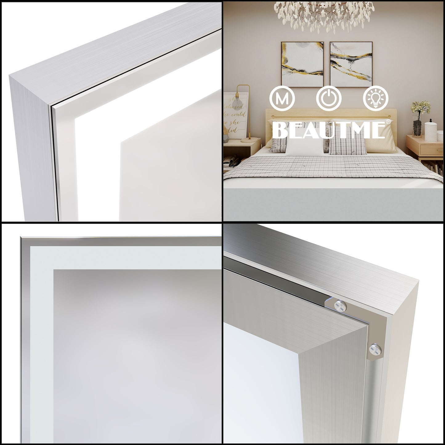 Silver LED makeup mirror with modern brushed aluminum frame