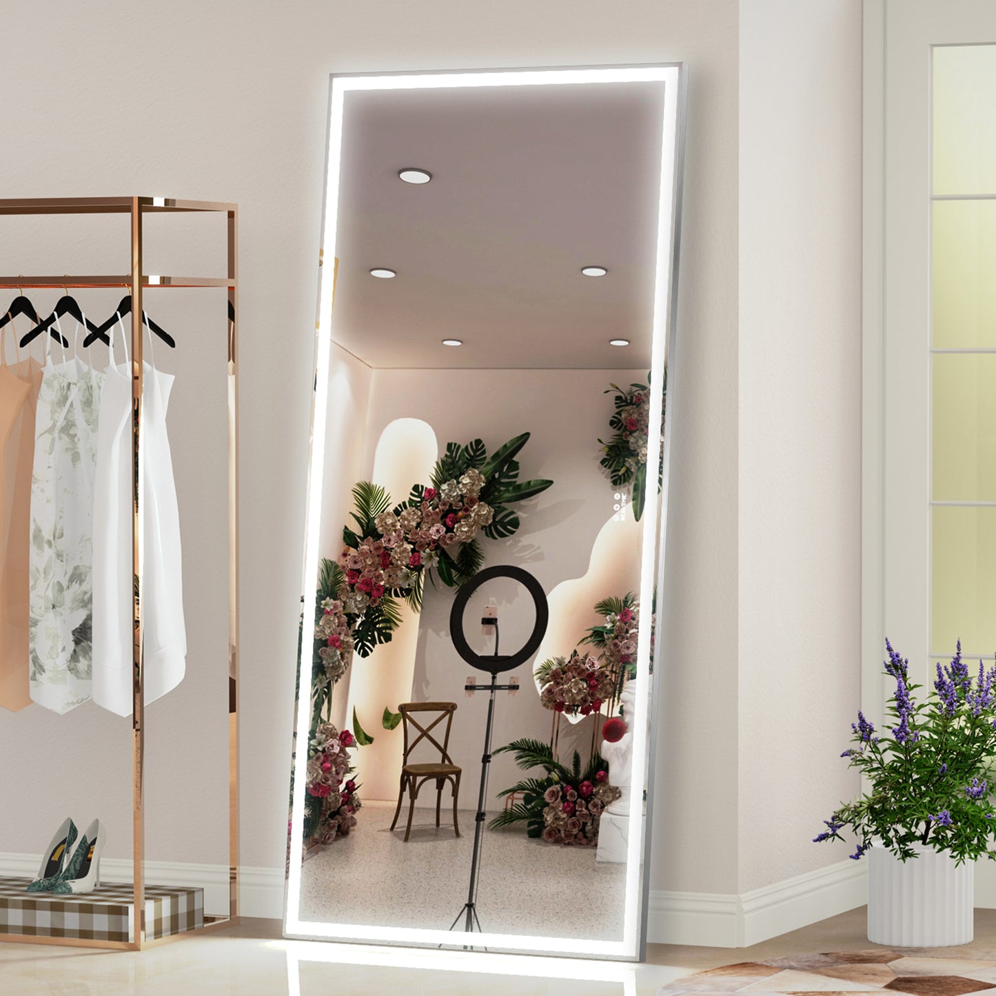 Fulllength LED mirror with a slim silver frame perfect for dressing rooms and styling