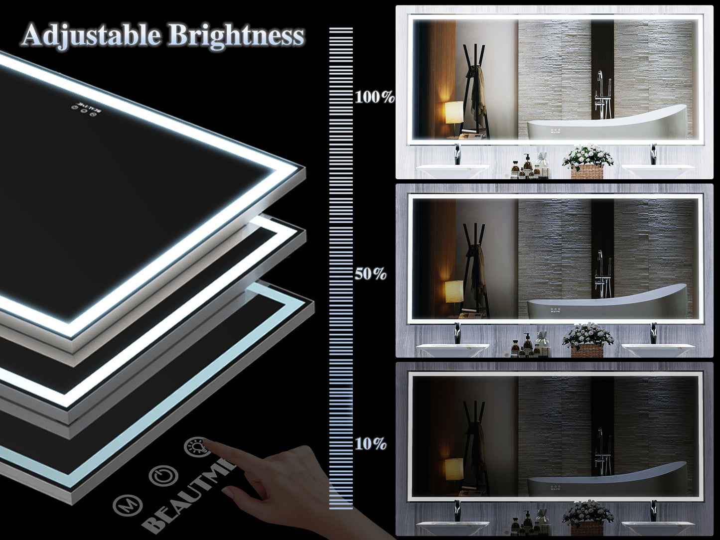 Modern illuminated bathroom mirror with adjustable brightness