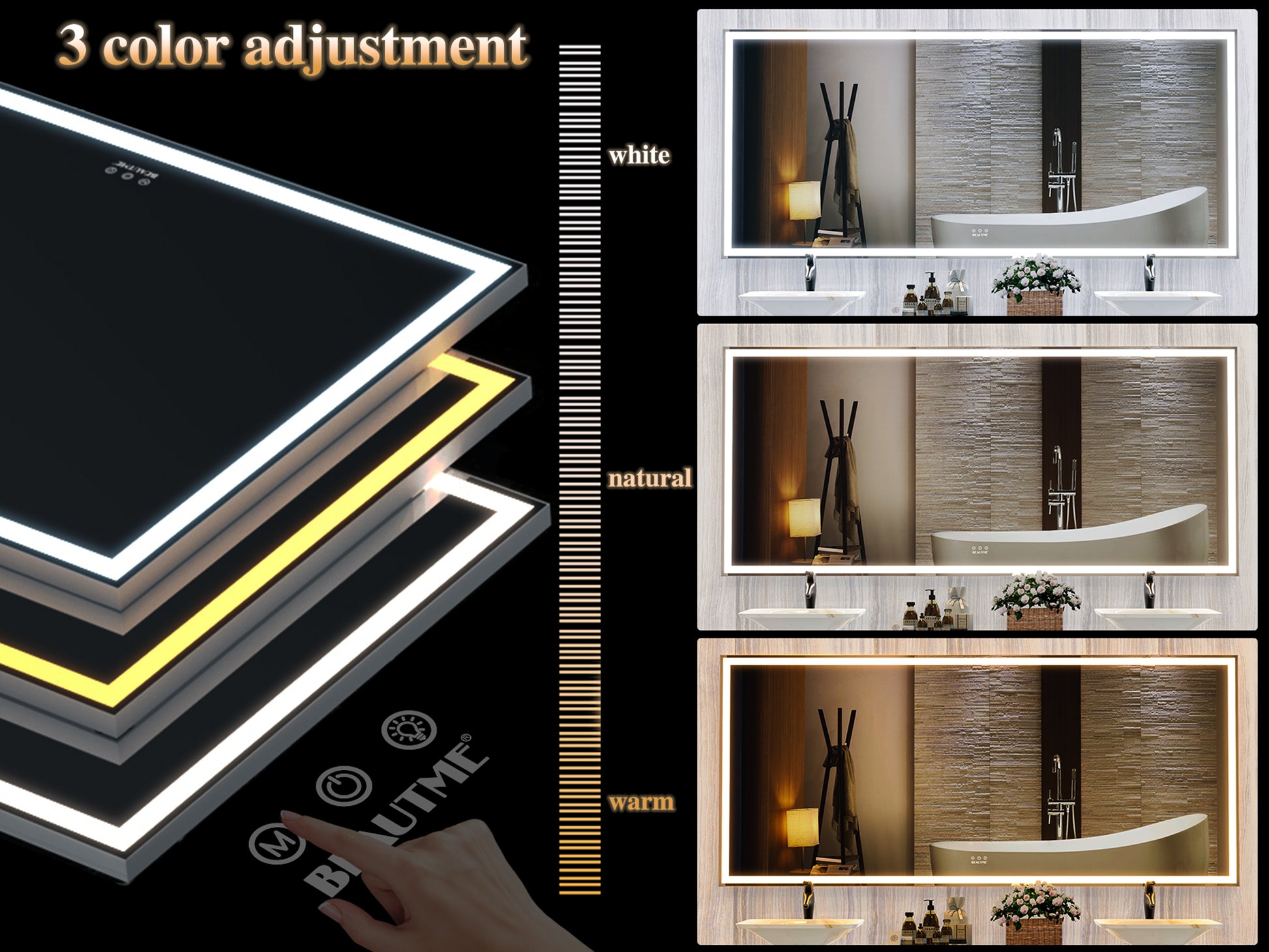 Modern LED bathroom mirror with  color temperature adjustments white natural and warm light