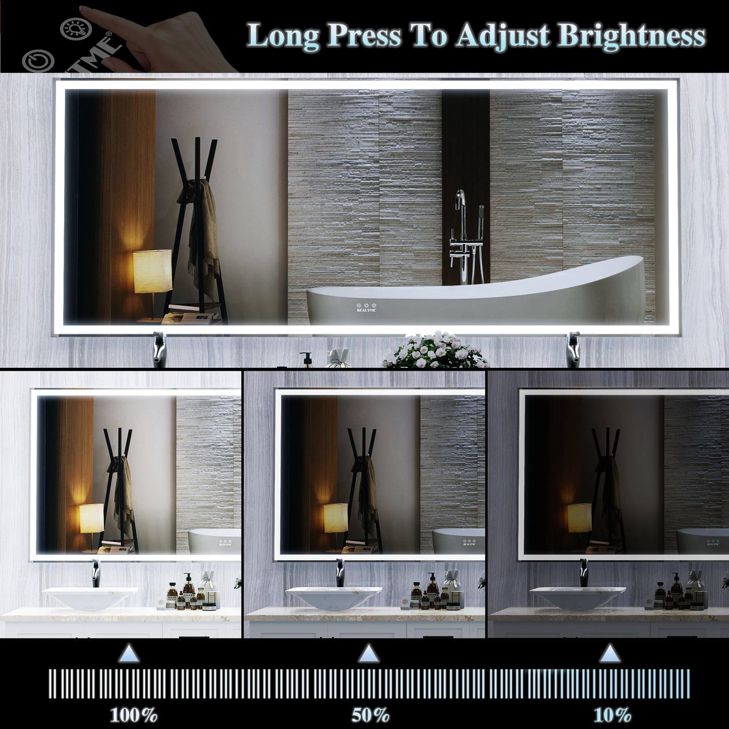 Modern lighted bathroom mirror with adjustable brightness
