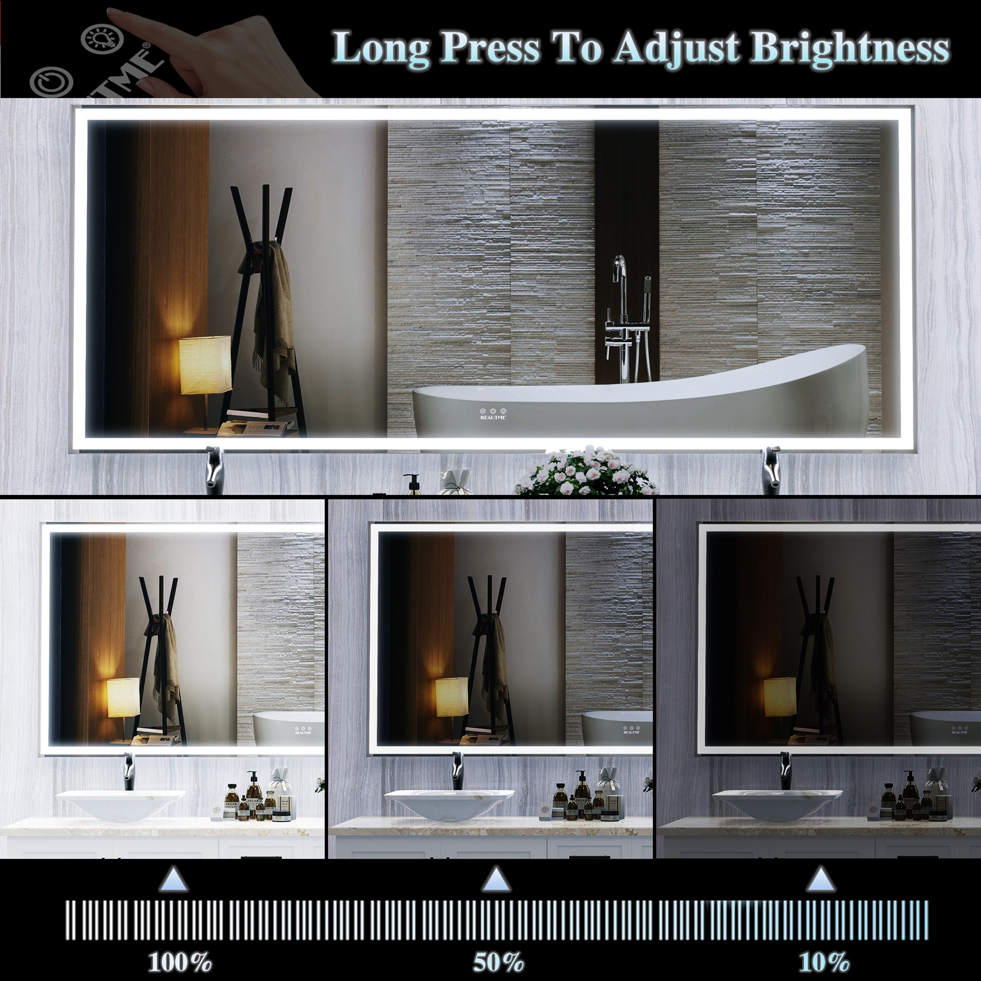 Modern lighted bathroom mirror with adjustable brightness