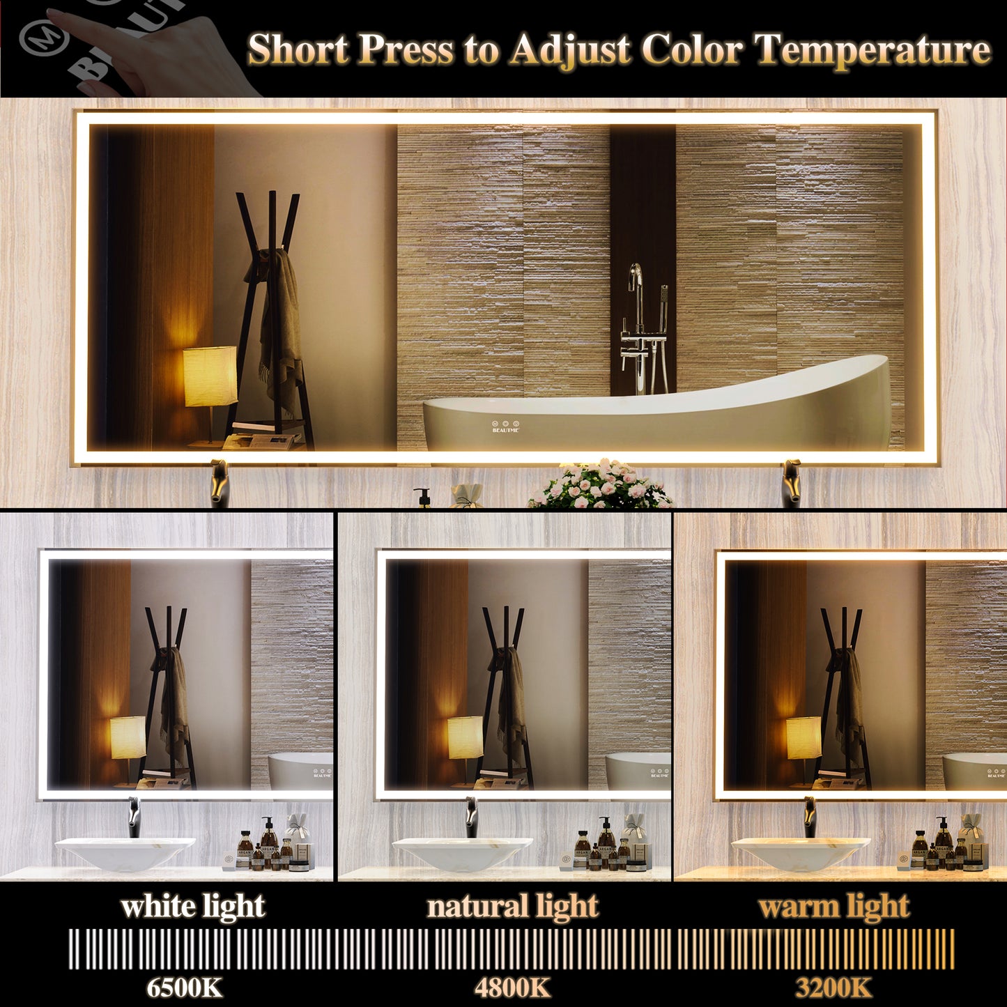 Modern LED bathroom mirror with adjustable color temperature