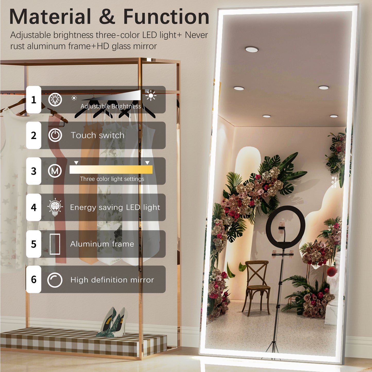 Fulllength LED mirror with adjustable brightness and three color light settings