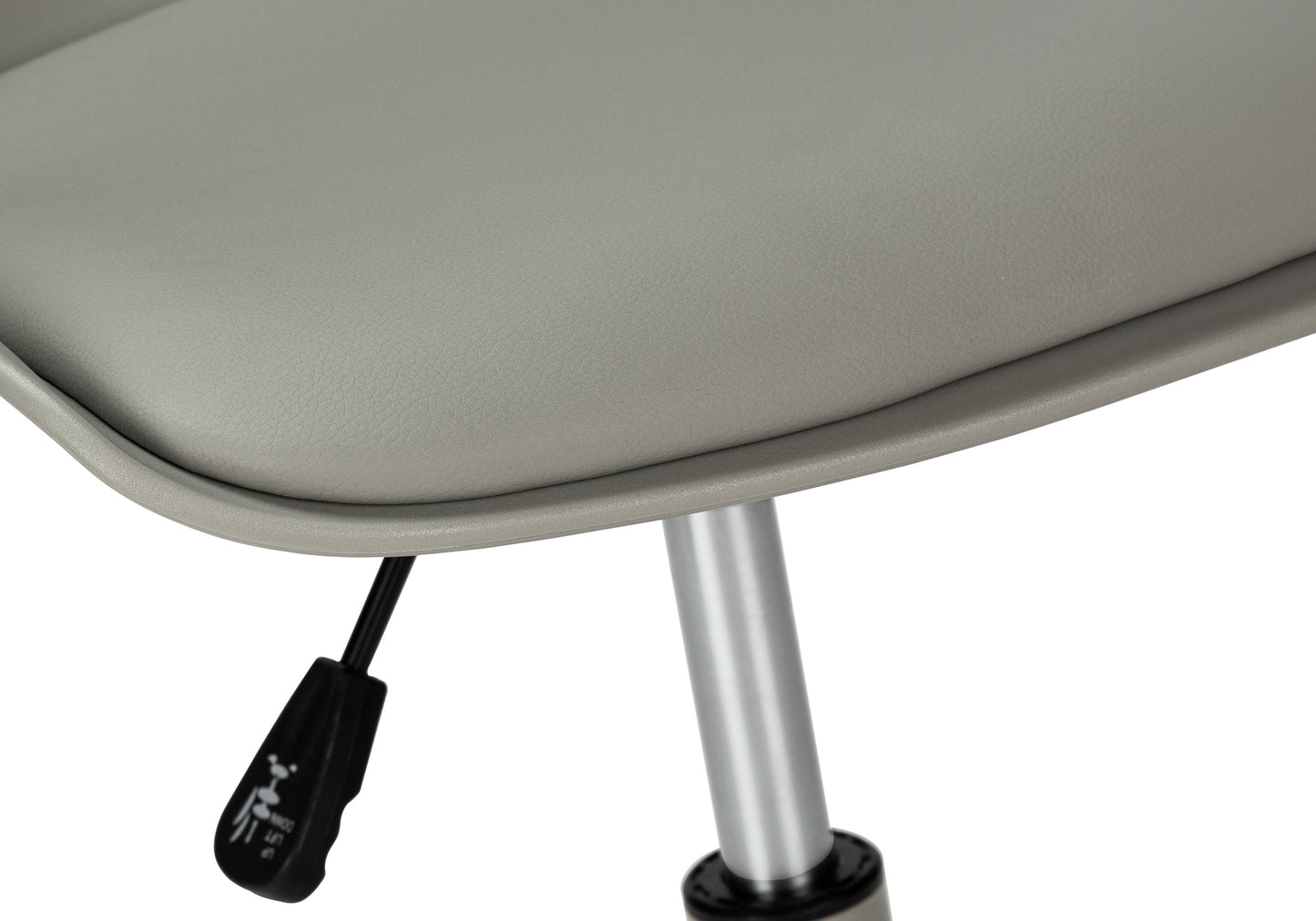 Closeup of a grey faux leather office chair seat with height adjustment lever