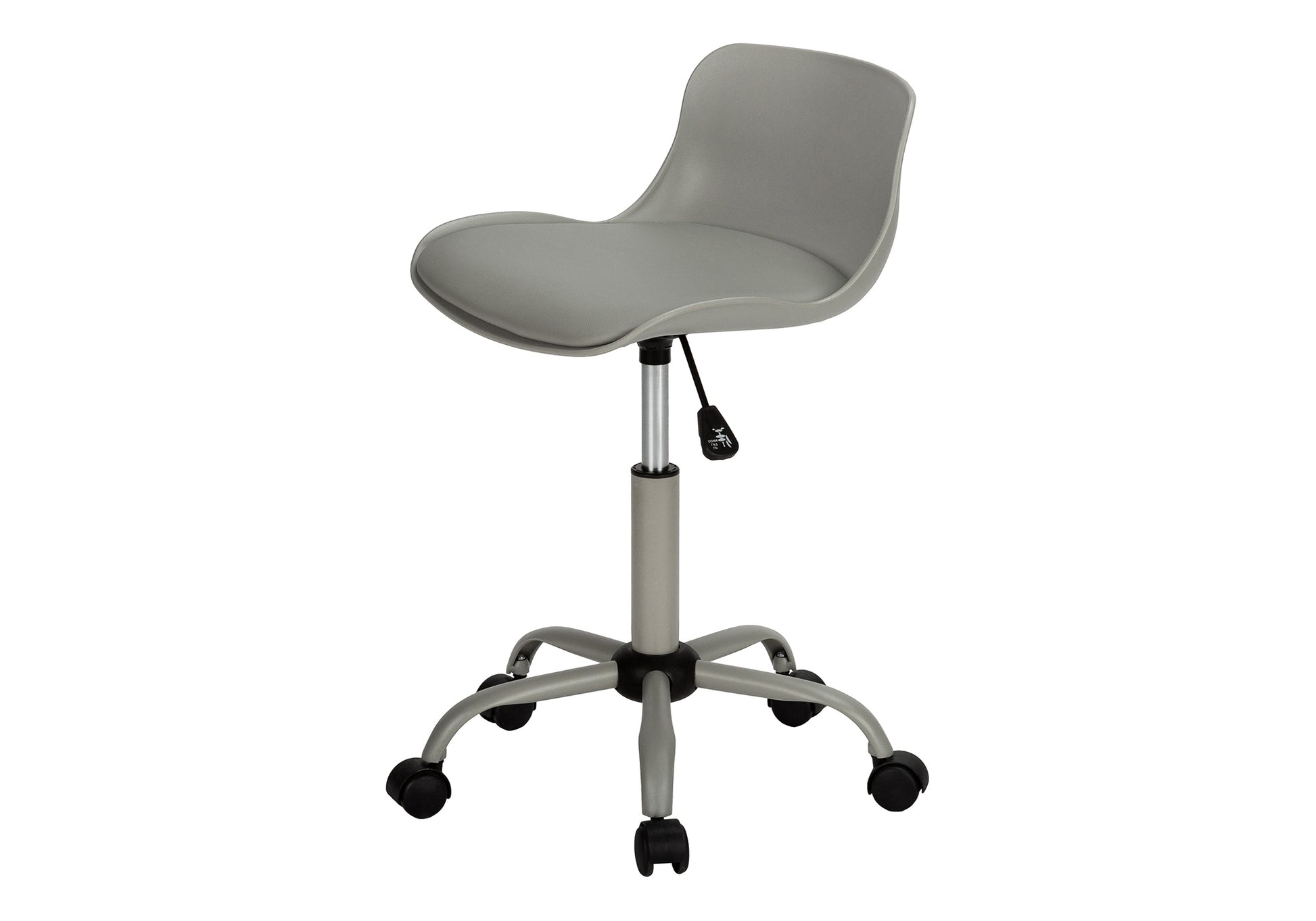 Grey ergonomic office chair with adjustable height and rolling casters for easy mobility