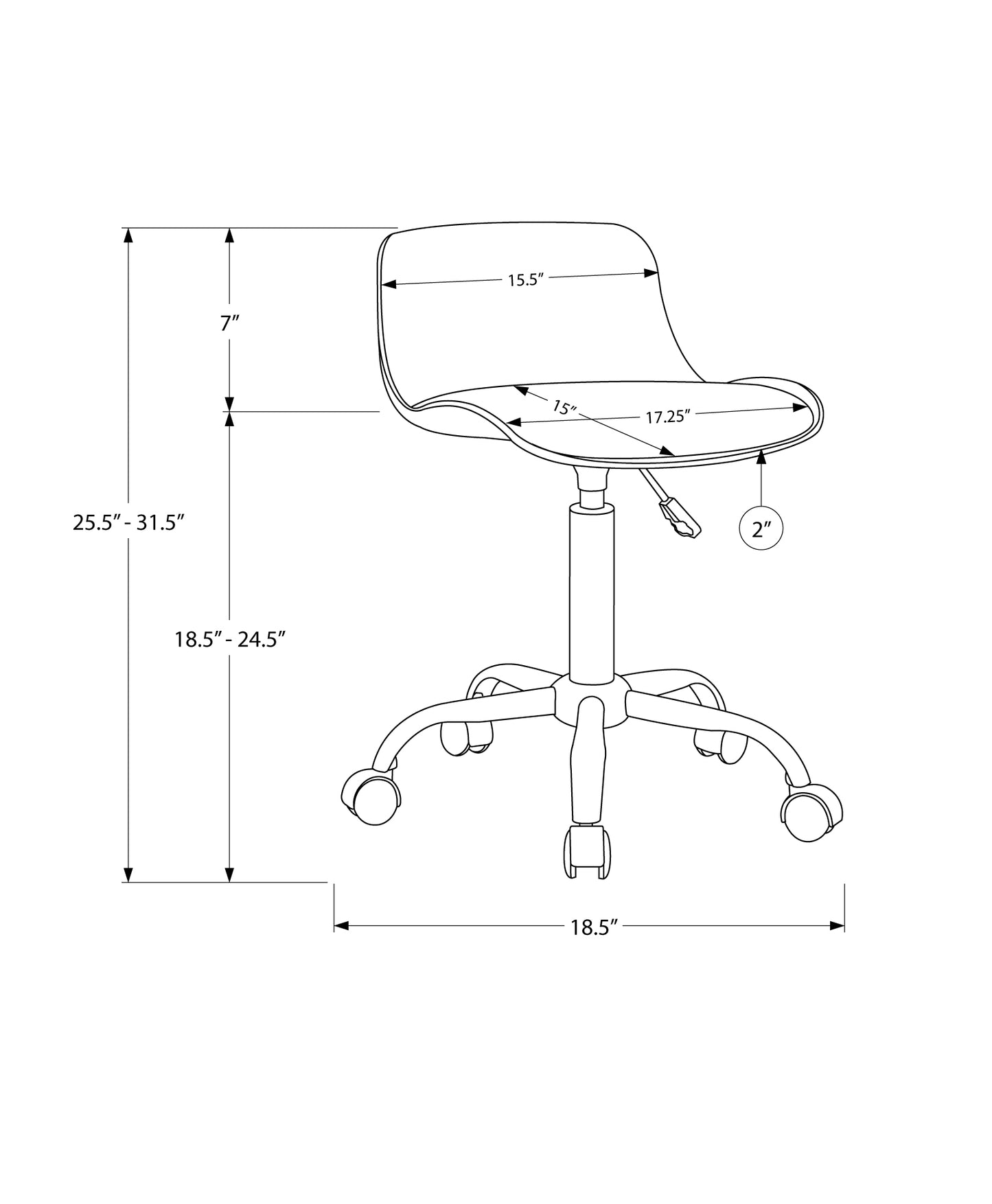 Technical drawing of an adjustable height office chair with swivel base and wheels