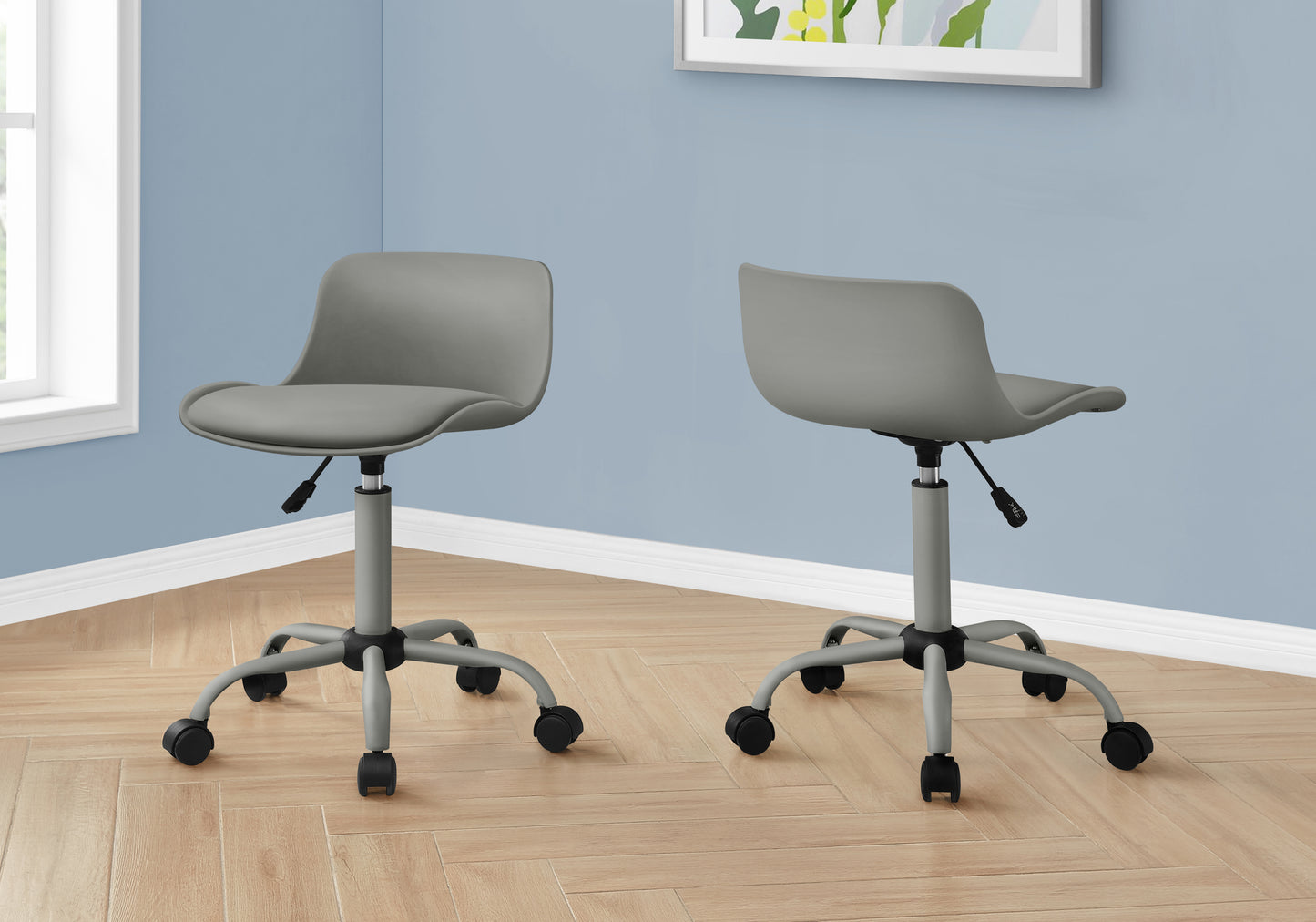 Gray ergonomic office chair with adjustable height and swivel wheels
