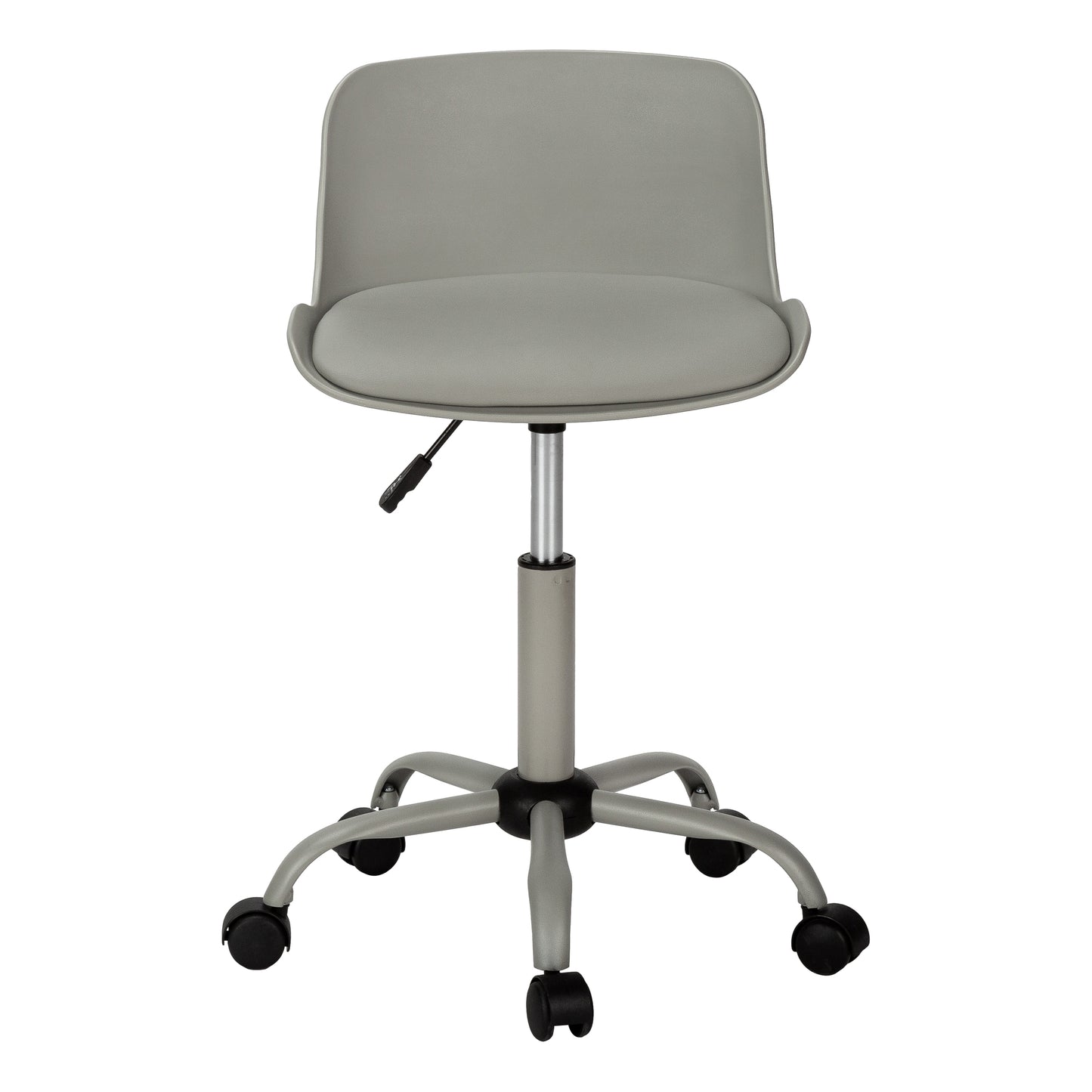 Adjustable grey office chair with padded seat and back on a rolling fivestar base