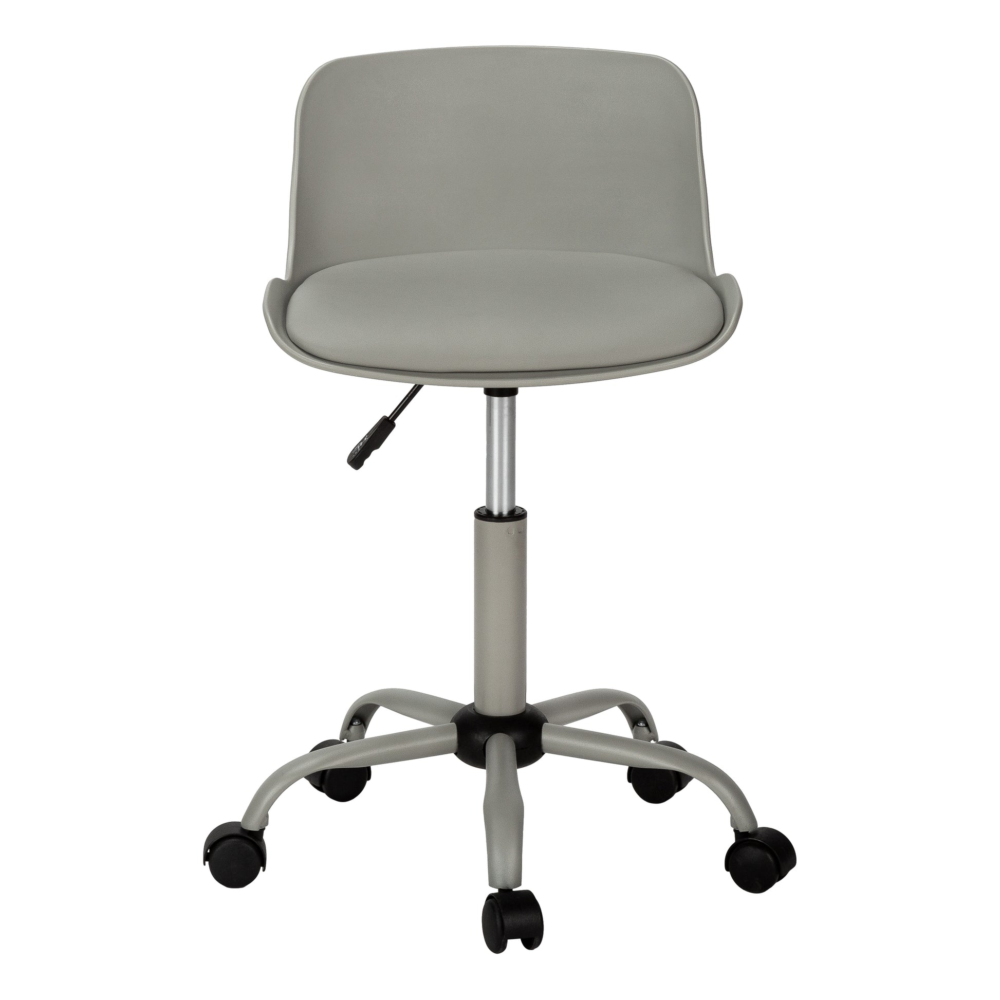 Adjustable grey office chair with padded seat and back on a rolling fivestar base