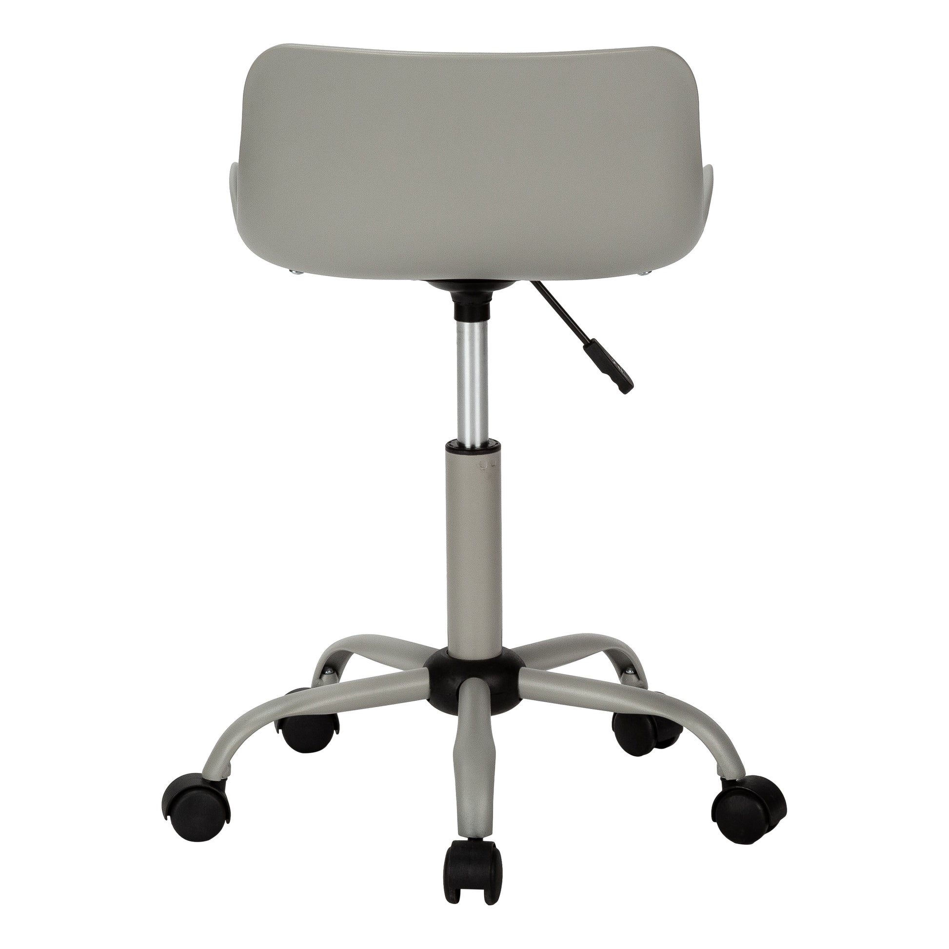 Gray adjustable office stool with rolling casters and lumbar support
