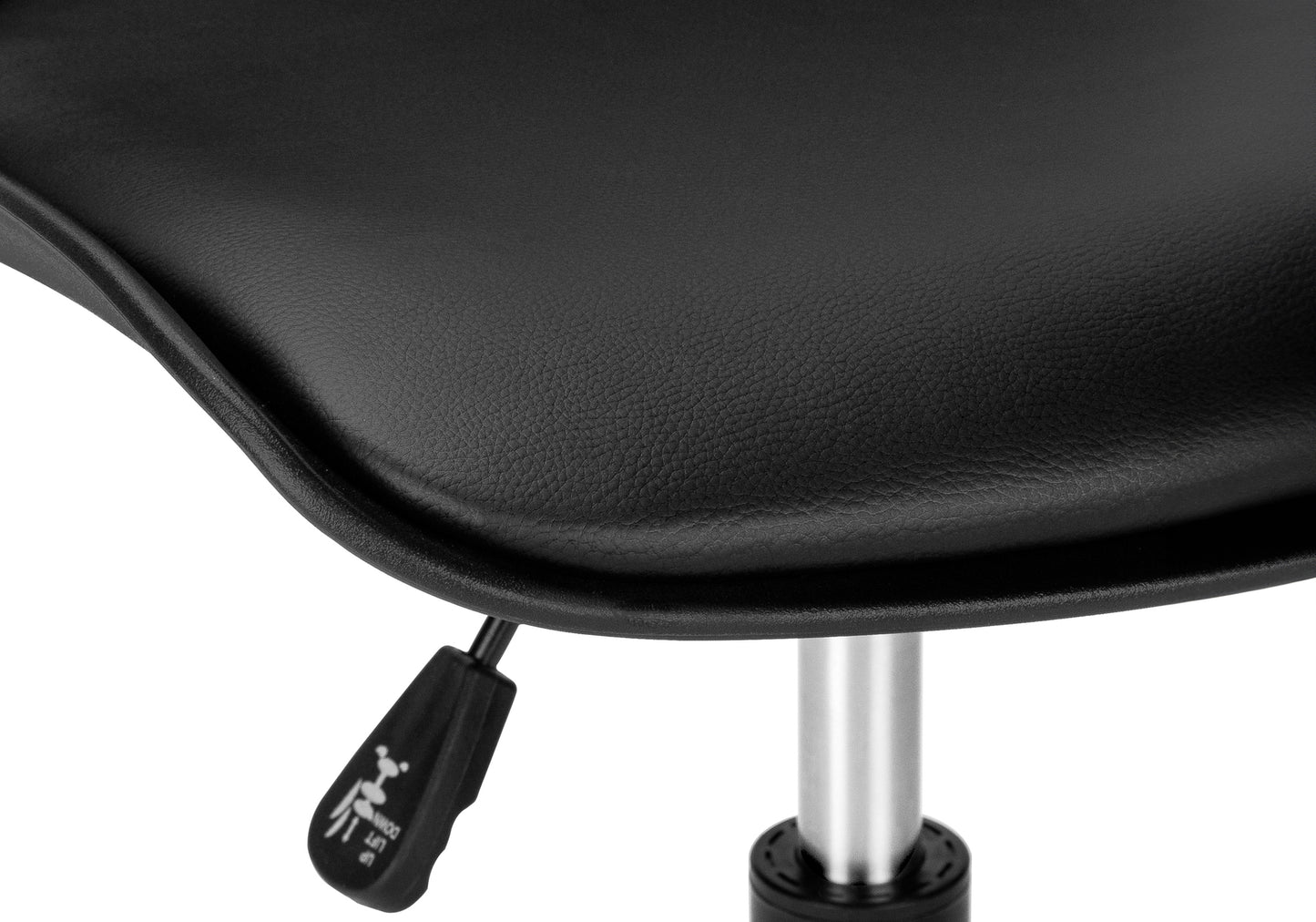 Black leather office chair seat with lift lever and silver gas lift cylinder