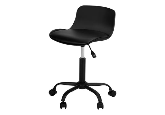 Black ergonomic office chair with adjustable height lever and wheeled base