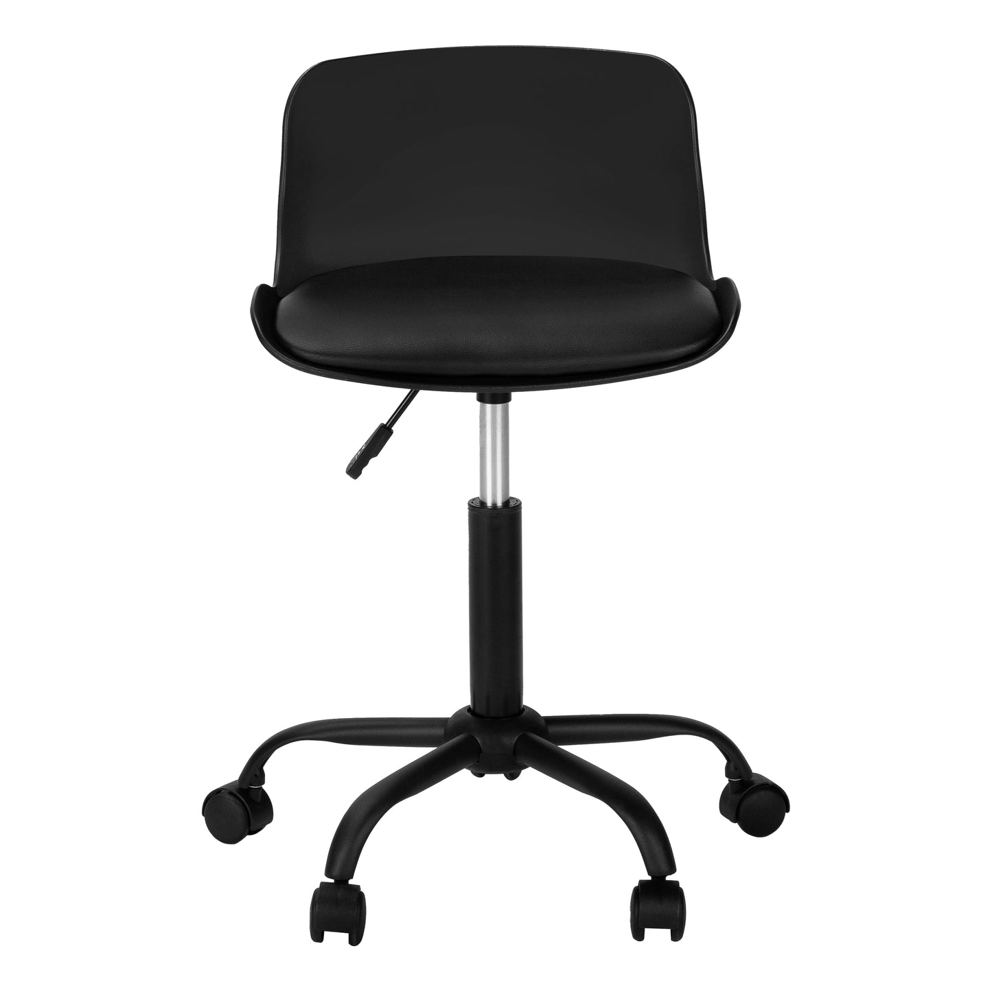 Black faux leather ergonomic office chair with adjustable height and rolling casters