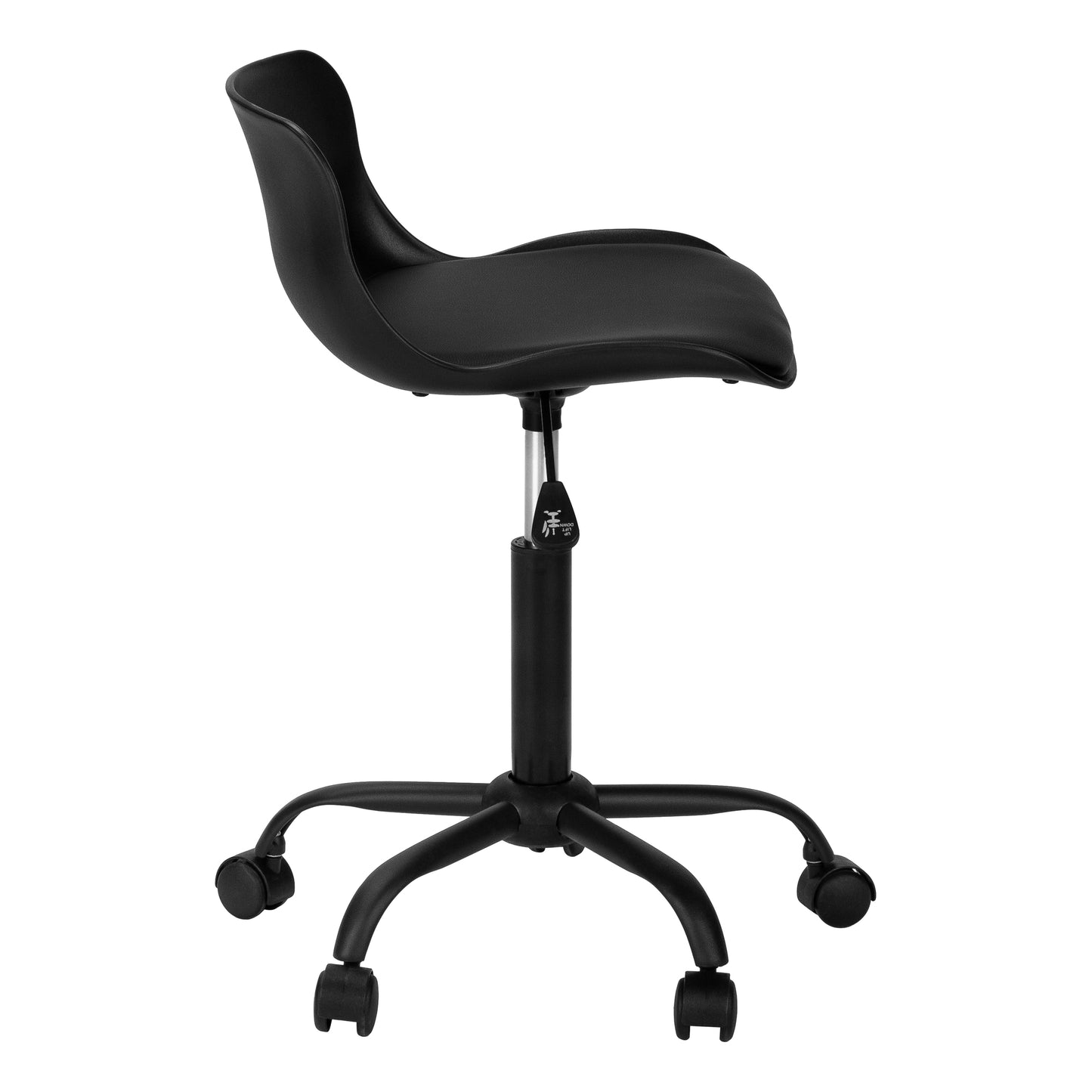 Black ergonomic salon stool with adjustable height and swivel casters for easy mobility