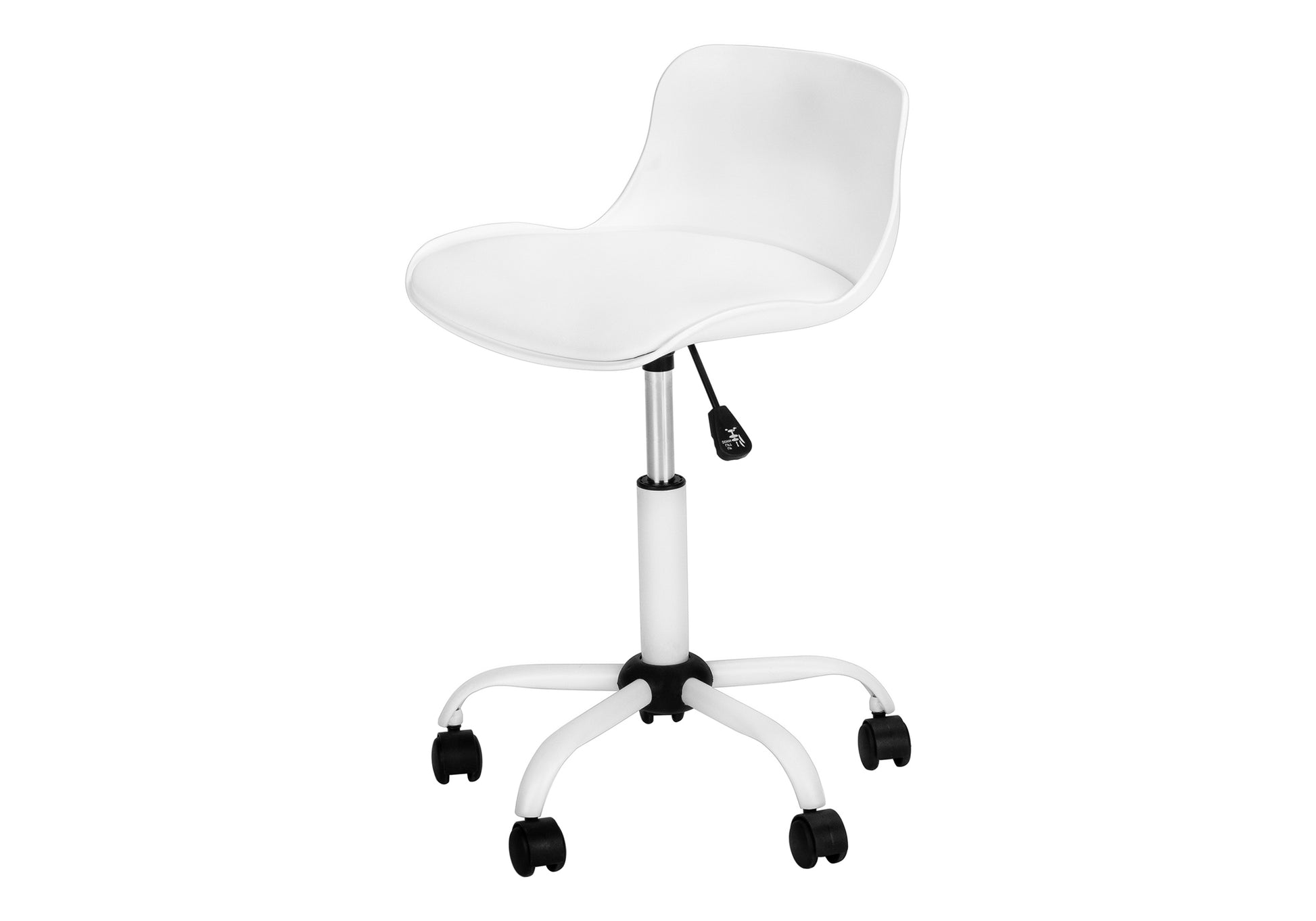 White adjustable salon stool with rolling casters and ergonomic seat