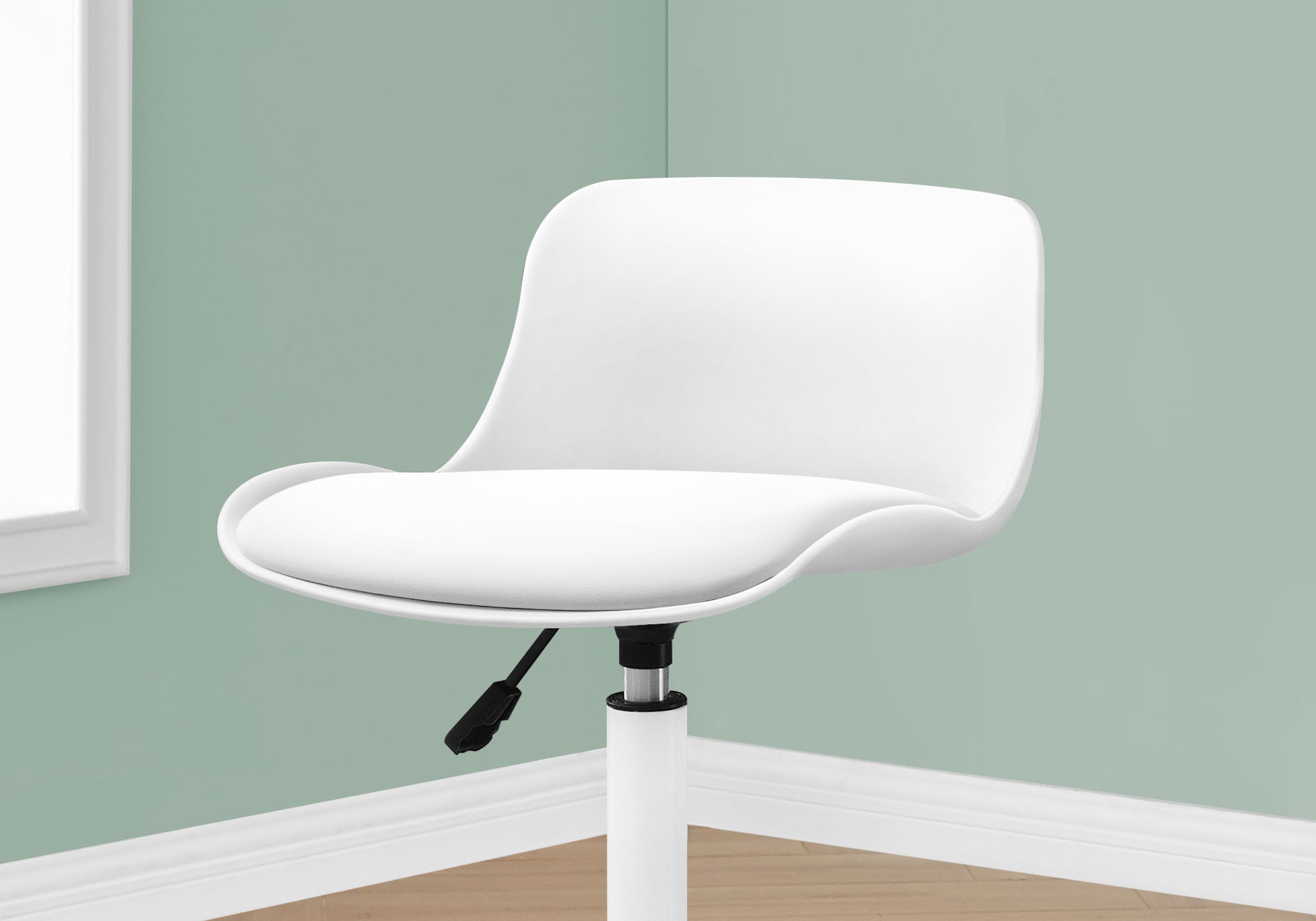 White molded plastic bar stool with adjustable height and padded seat