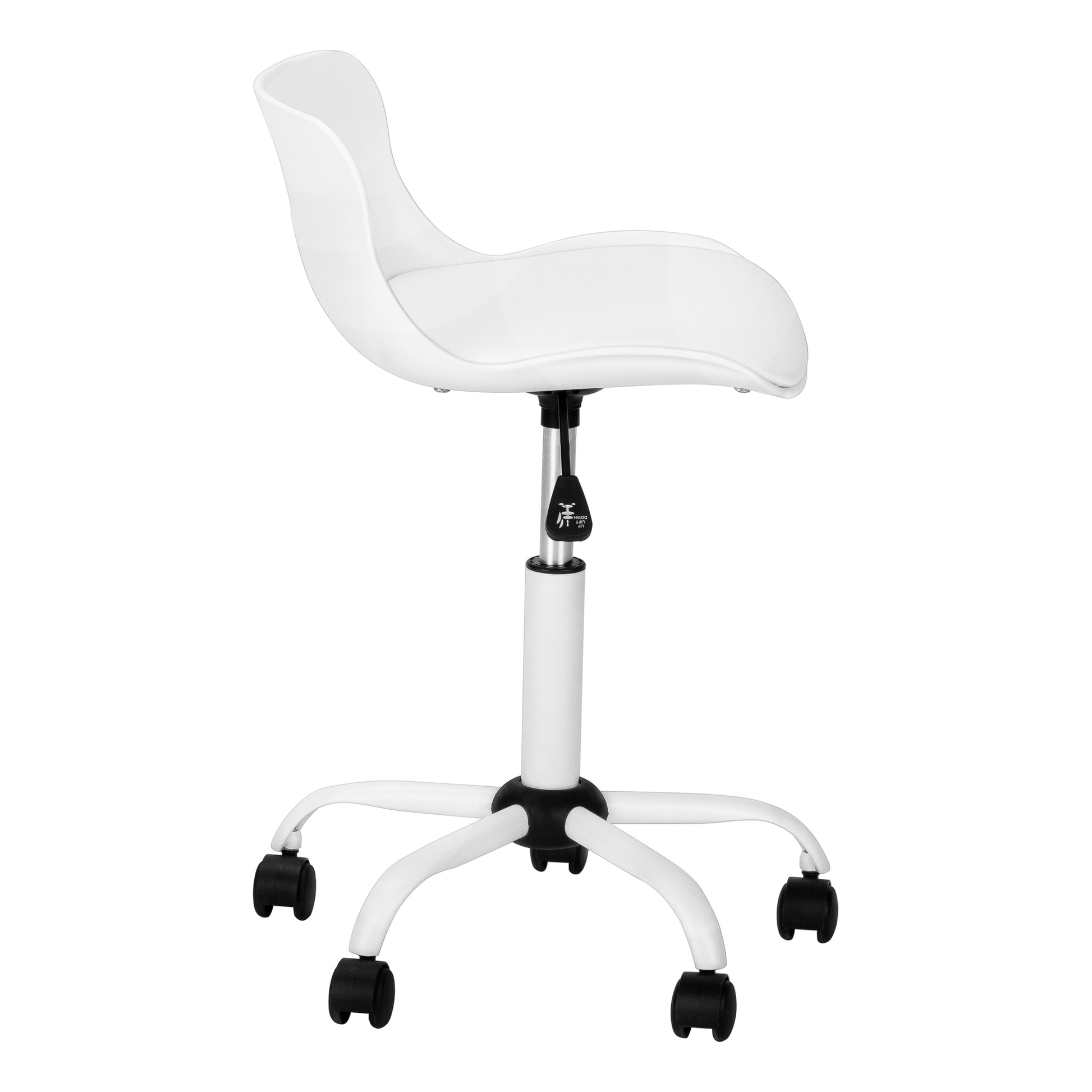 White ergonomic desk chair with adjustable height and rolling casters