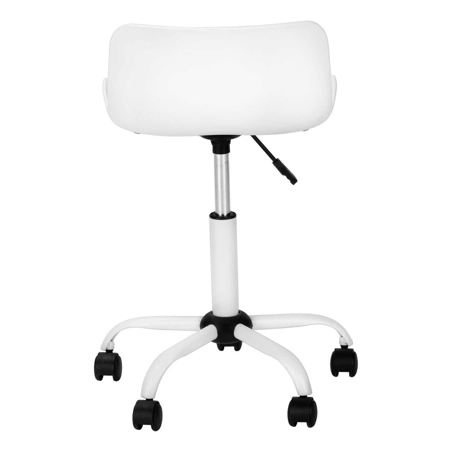 White adjustable rolling stool with padded seat and back