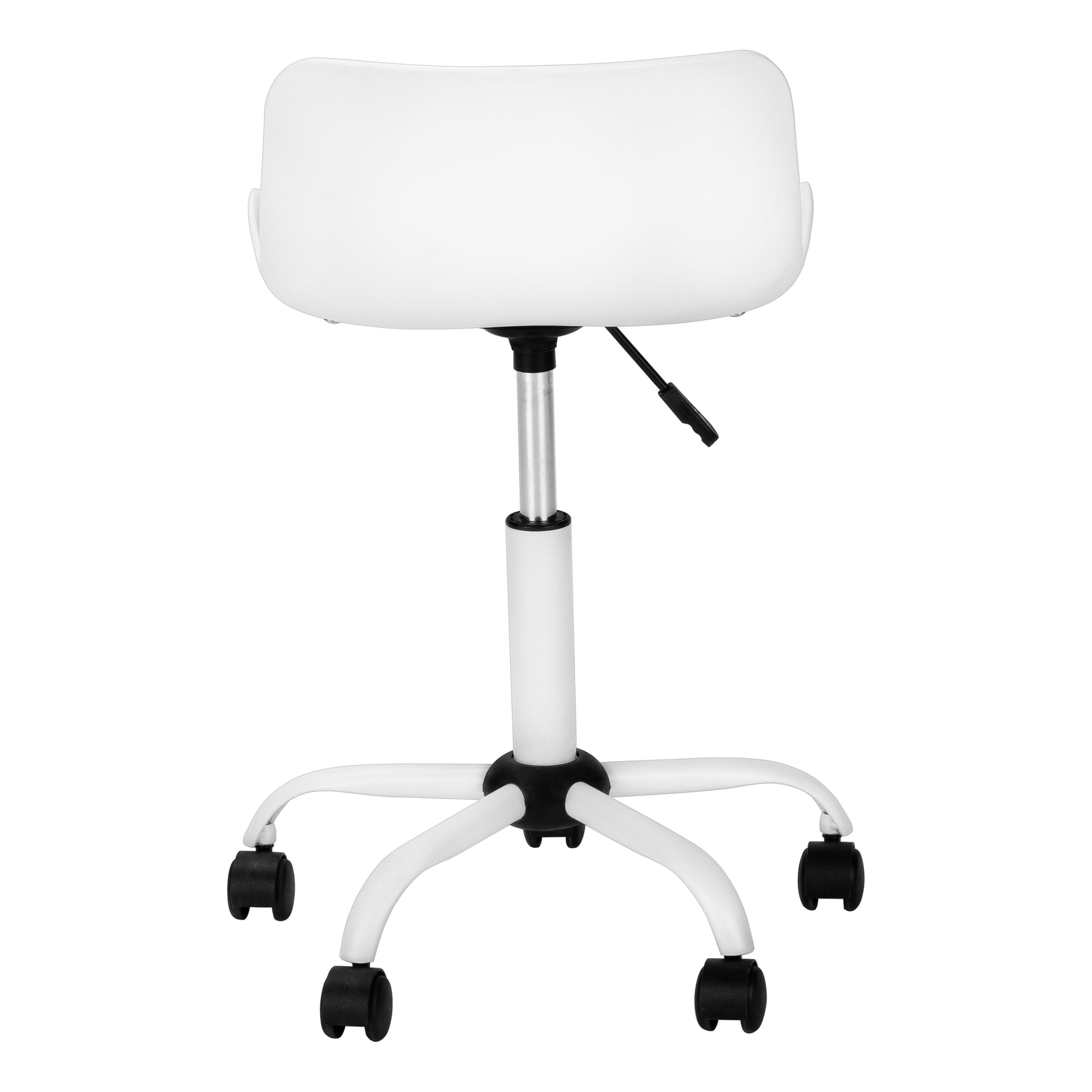 White adjustable rolling stool with padded seat and back