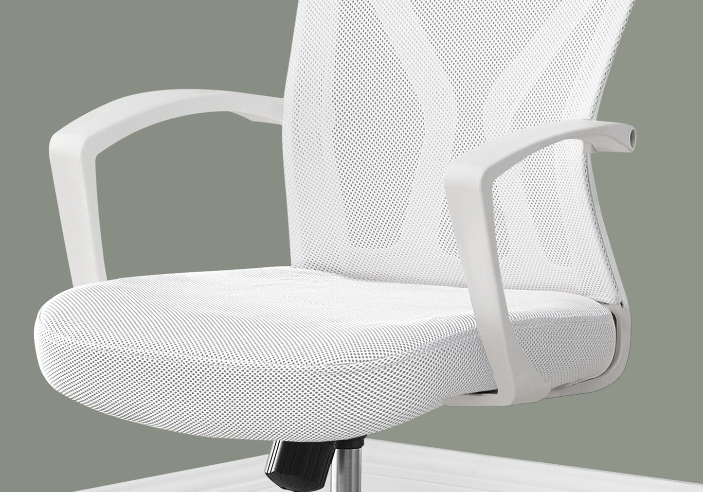 White mesh office chair with ergonomic armrests and padded seat