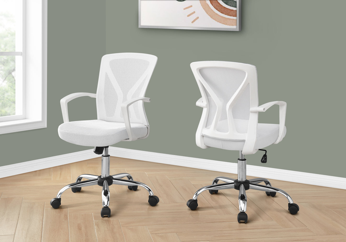 White mesh office chair with ergonomic design and chrome base ideal for home workspaces
