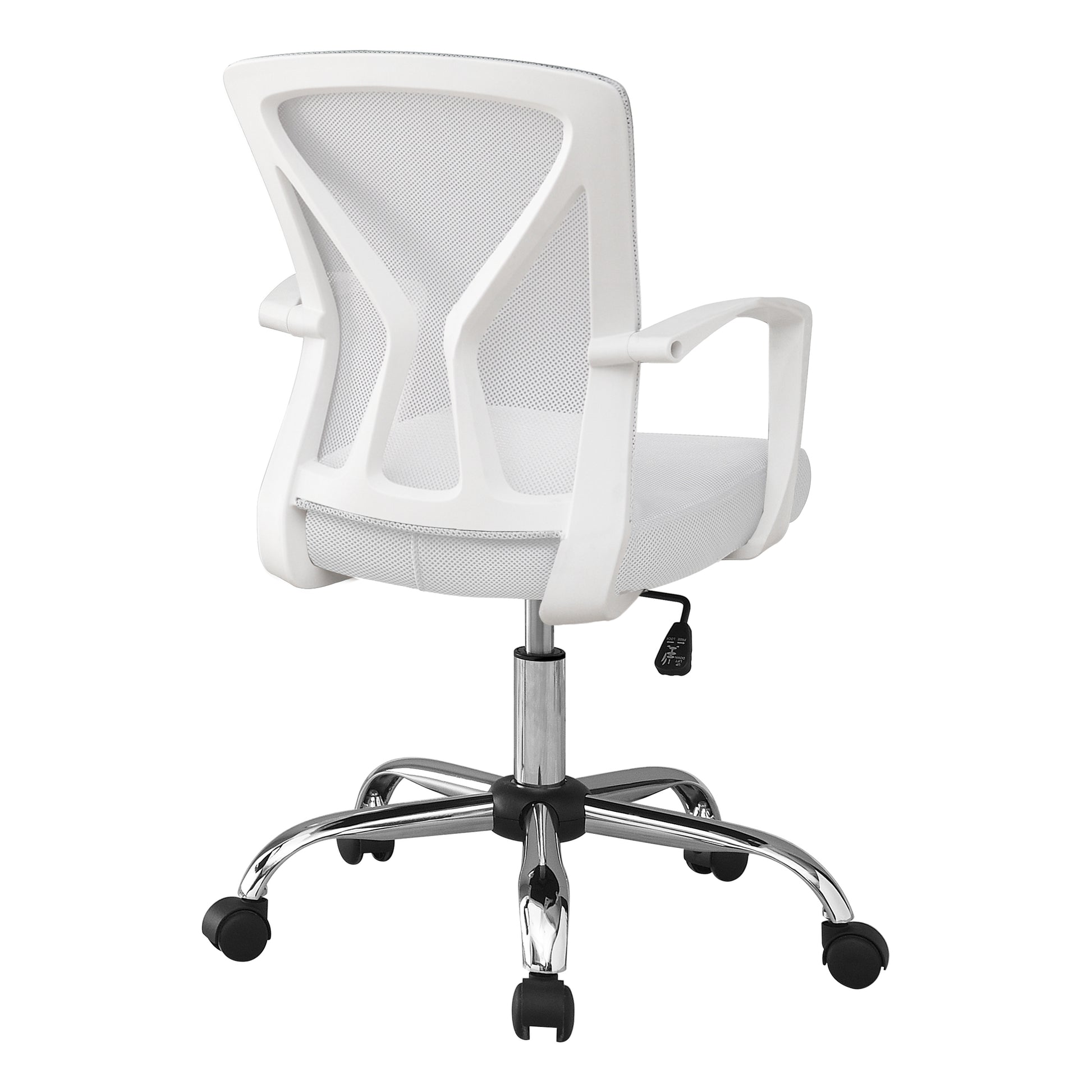White mesh back office chair with chrome base and wheels ergonomically designed
