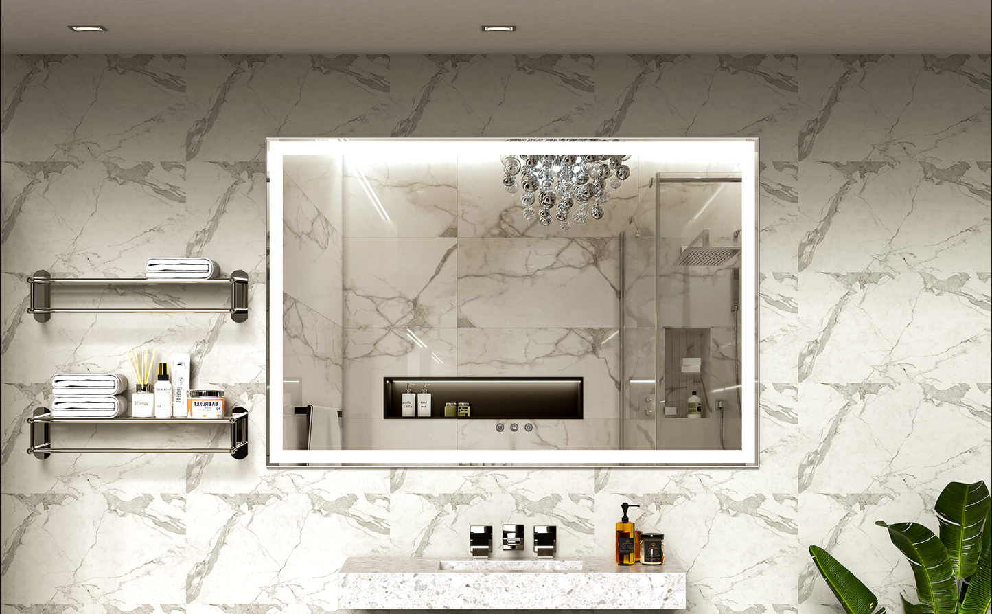 Modern illuminated bathroom mirror with defogger