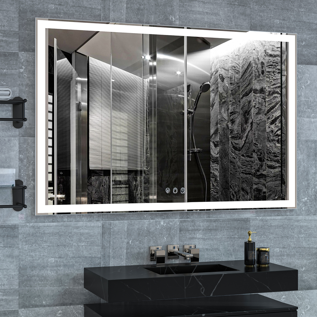 Modern illuminated bathroom mirror with integrated LED lights and touch controls