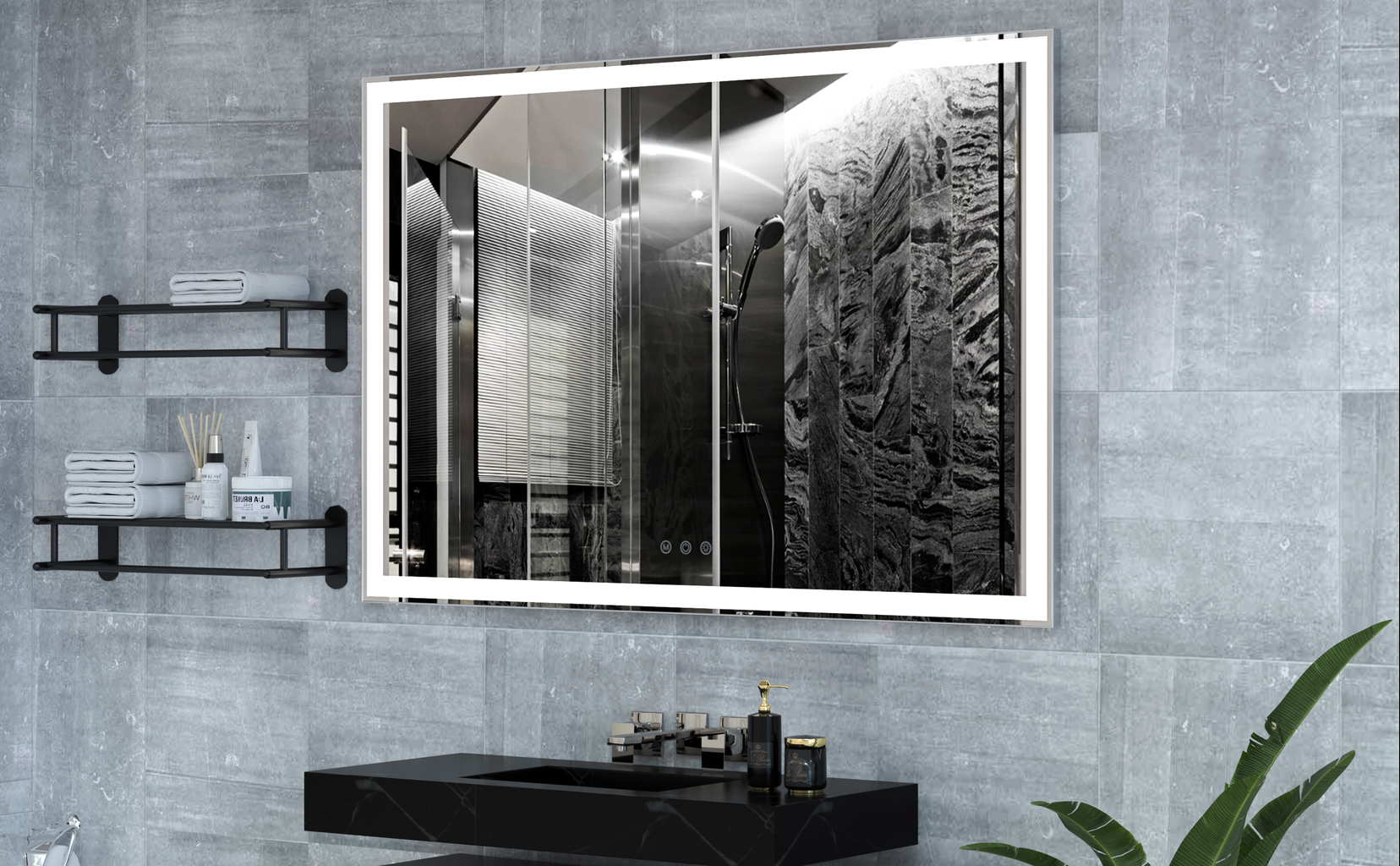 Modern backlit bathroom mirror with integrated LED lighting for a sleek vanity
