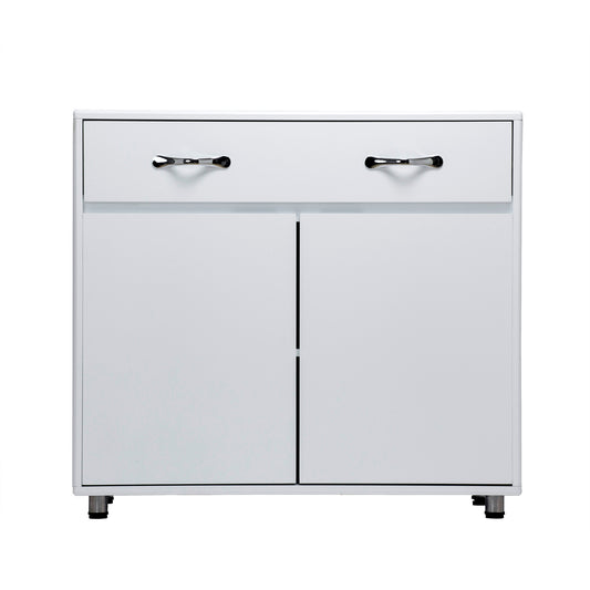 White twodoor cabinet with one drawer and chrome handles