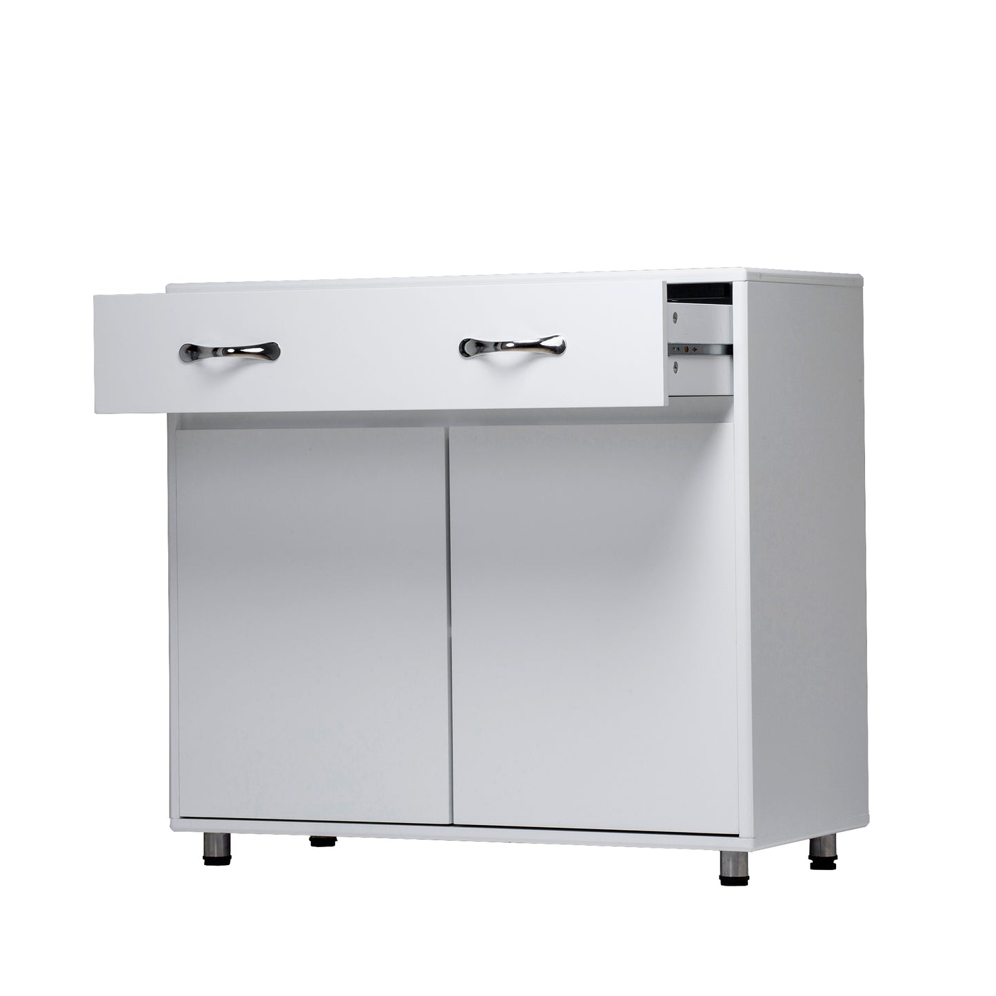 White twodoor cabinet with silver drawer pull and brushed nickel legs