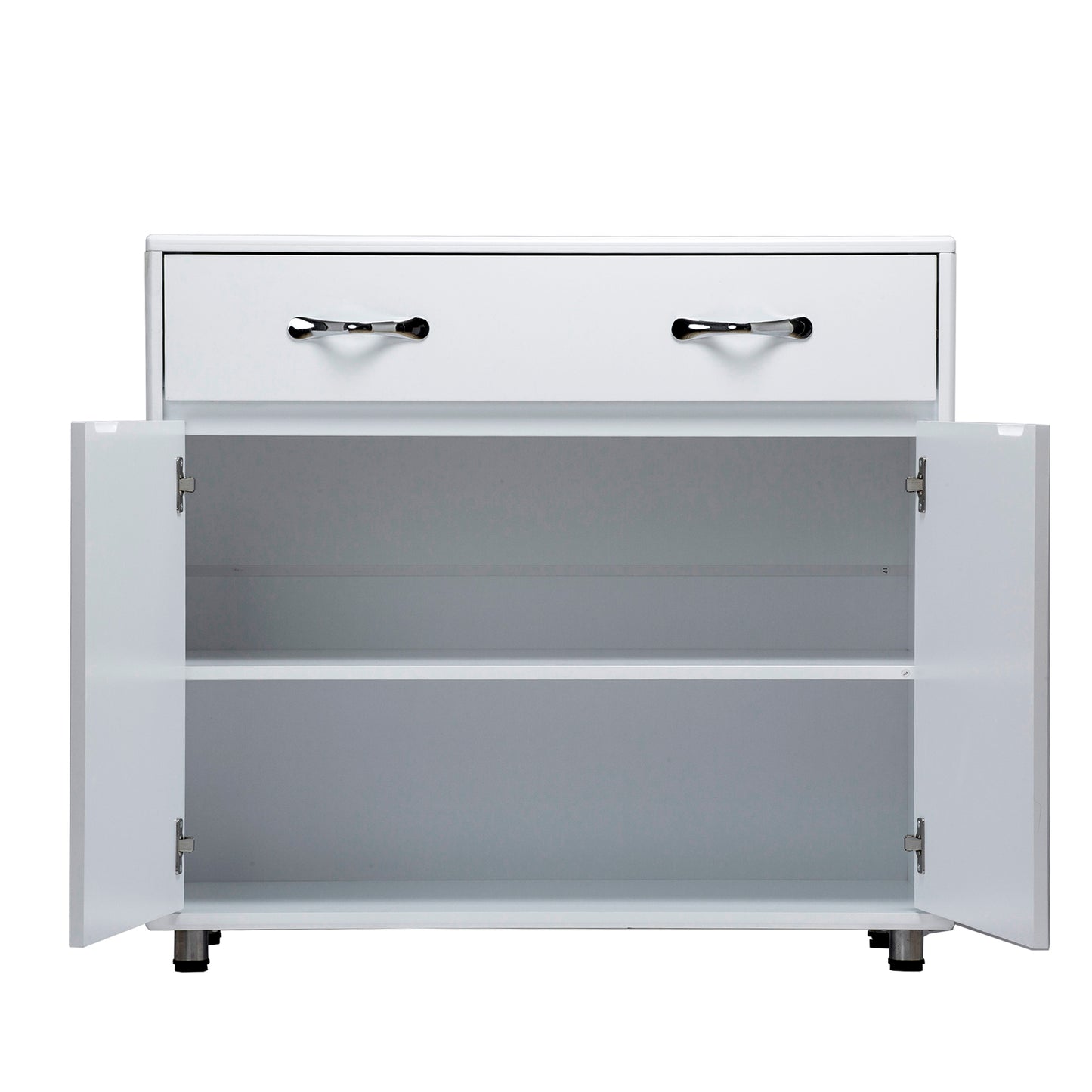 White twodoor cabinet with open doors and two drawers